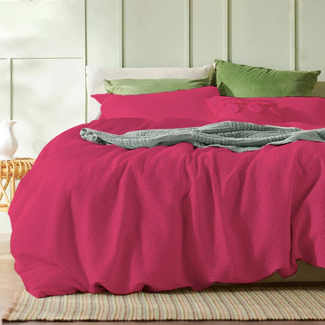 Hot Pink - Waffle Weave | Pure Cotton, Pure Linen or Linen Cotton Mix | 3 Piece Duvet Cover Set | Handmade | Pre-washed | Soft-0