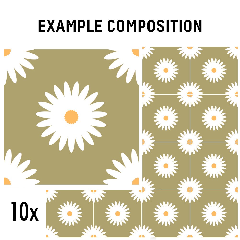 Daisies Flowers Tile Stickers, Olive Tile Decals, Self-Adhesive, Retro Floral Tile Vinyl, Pack of 10, SKU:GRDA-4