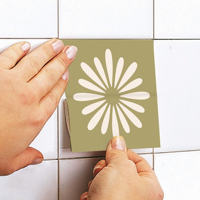 Green Flower Tile Decals, Olive Boho Flower Tile Stickers, Peel & Stick, Removable Tile Sticker, Pack of 10, SKU:OLFL-2