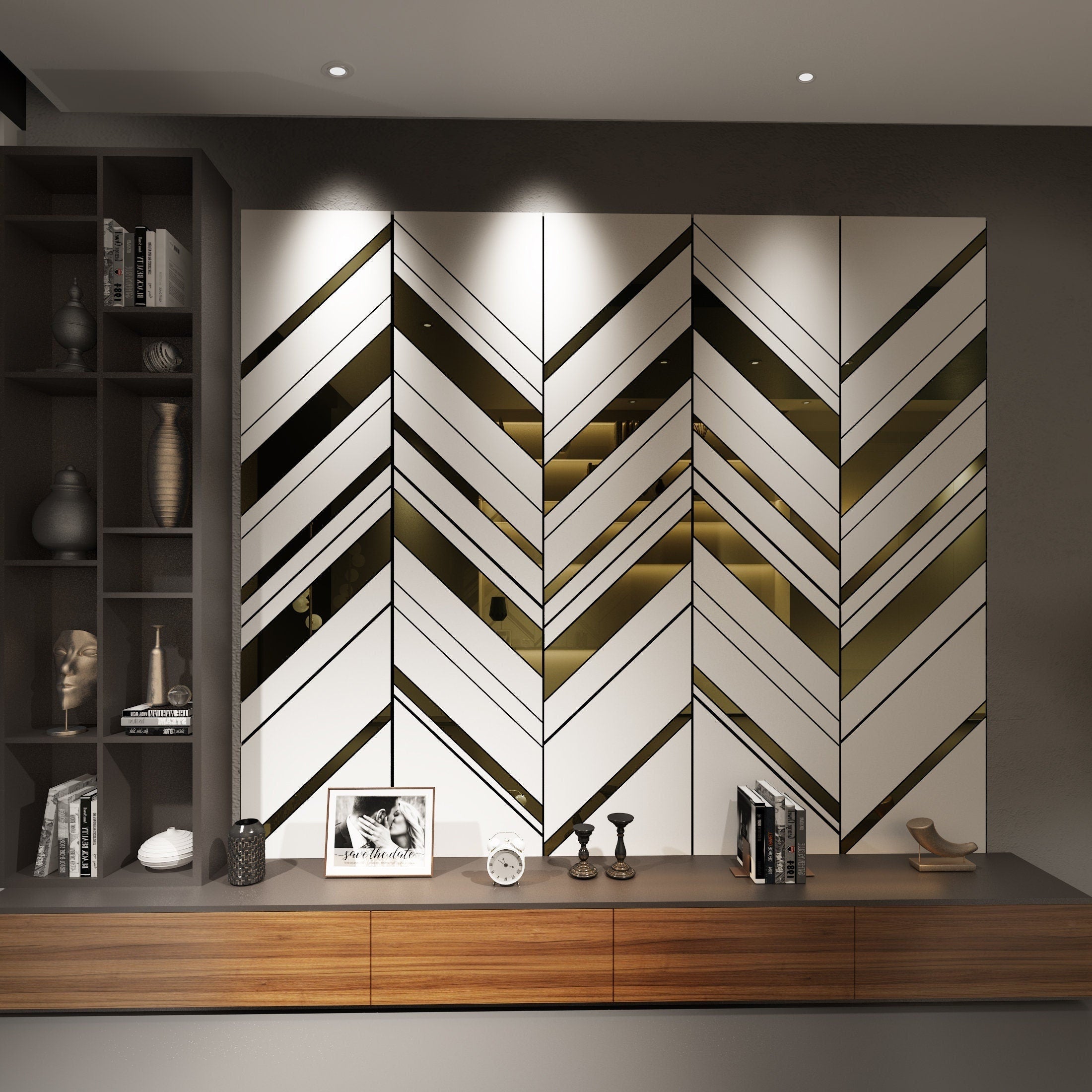 Oblique Panels in White and Gold Mirror, 3D Decorative Panels, Easy Installation, SKU:OPGW-0