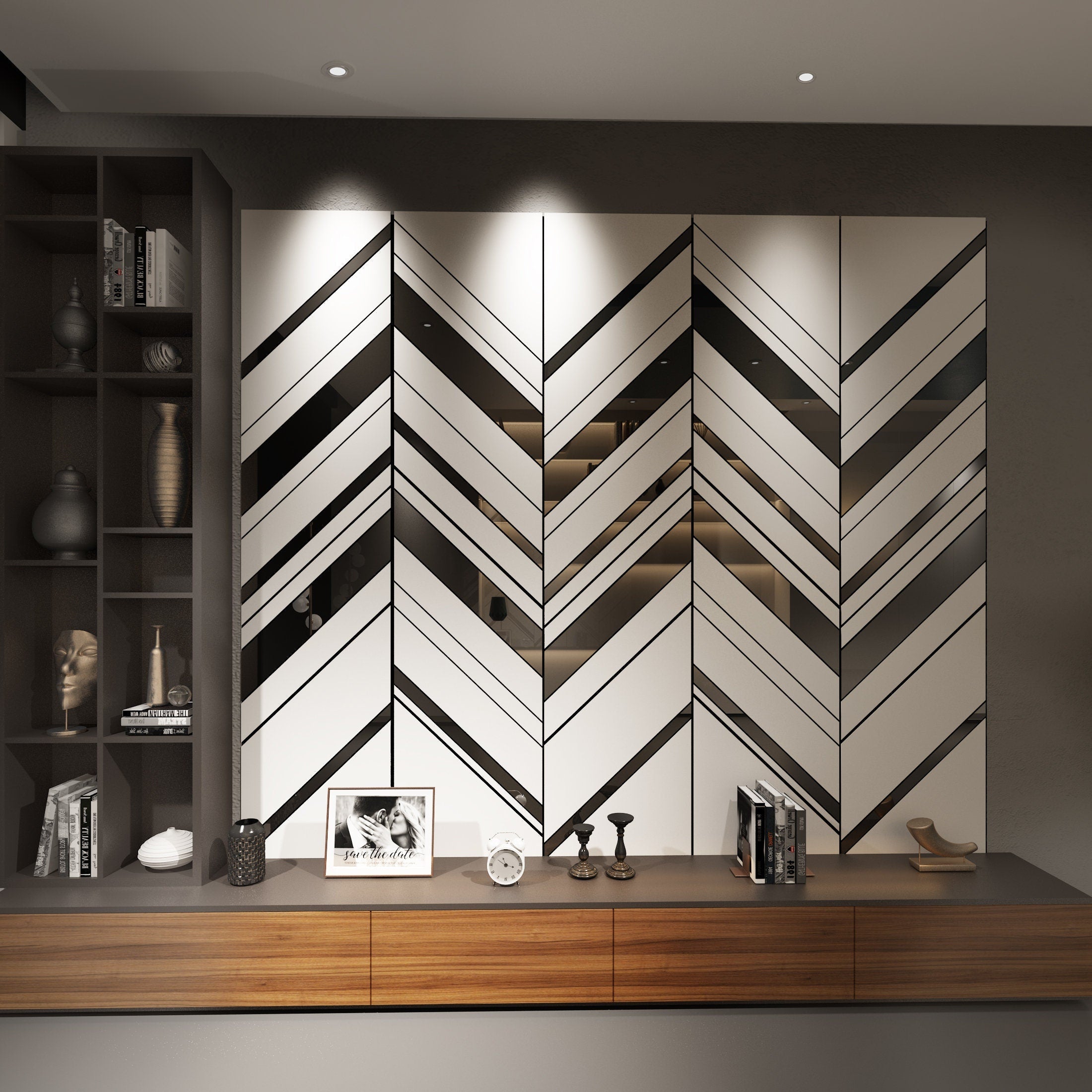 Oblique Panels in White and Silver Mirror, 3D Decorative Panels, Easy Installation, SKU:OPSV-2