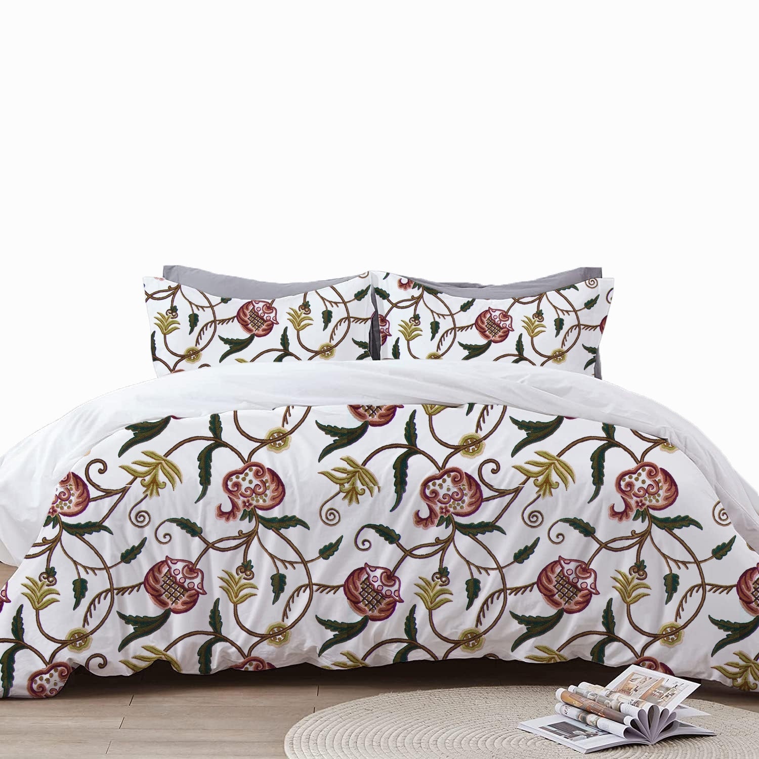 June - 3 Piece Crewel Embroidered Duvet Set | Linen Cotton Mix | Embroidered Duvet Cover with Embroidered Pillowcases | Handmade | Soft-0