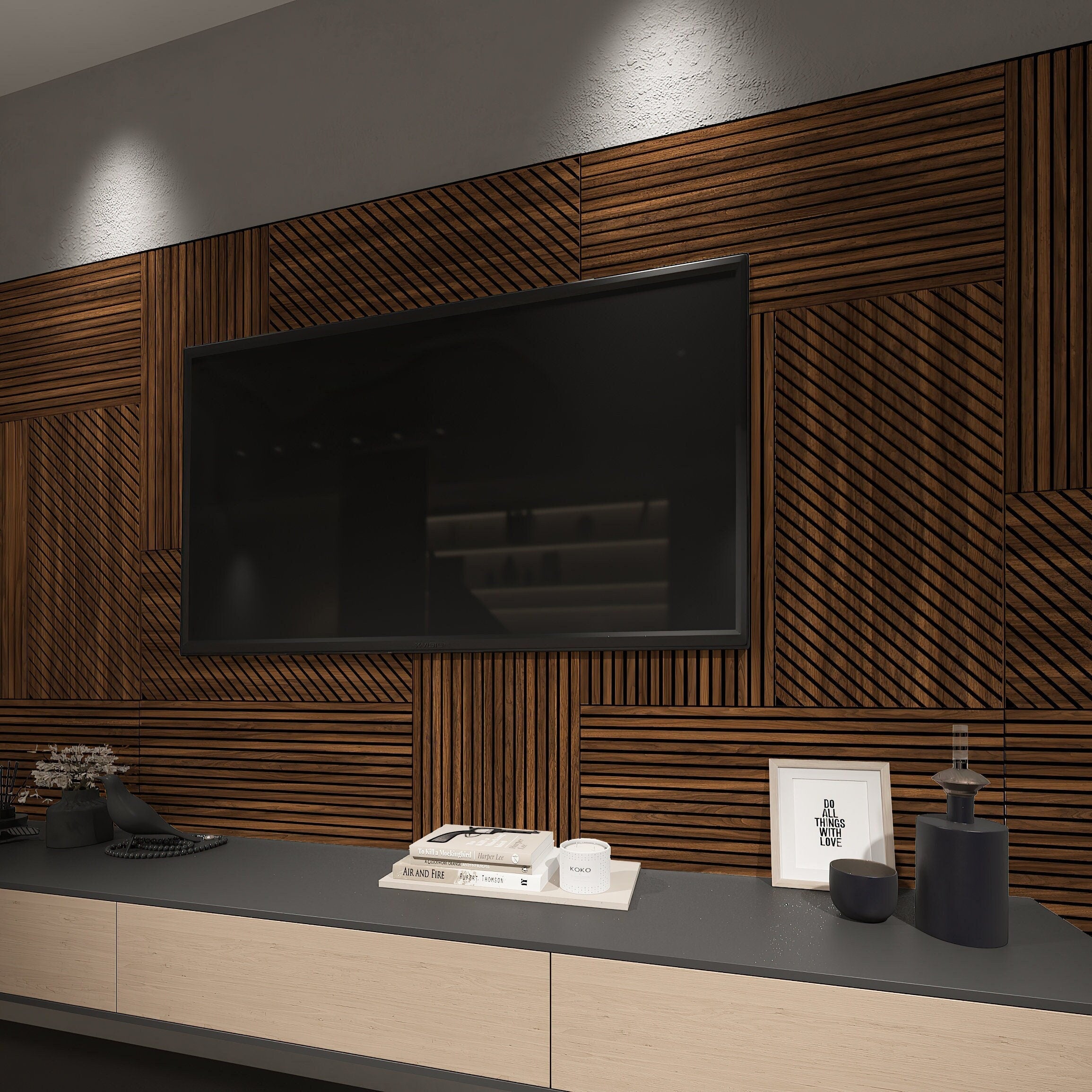 Dark Wood Slat Wall Panel, Accent Wall Panel, Decorative Wall Panels, Easy Installation, SKU:WOSL-0