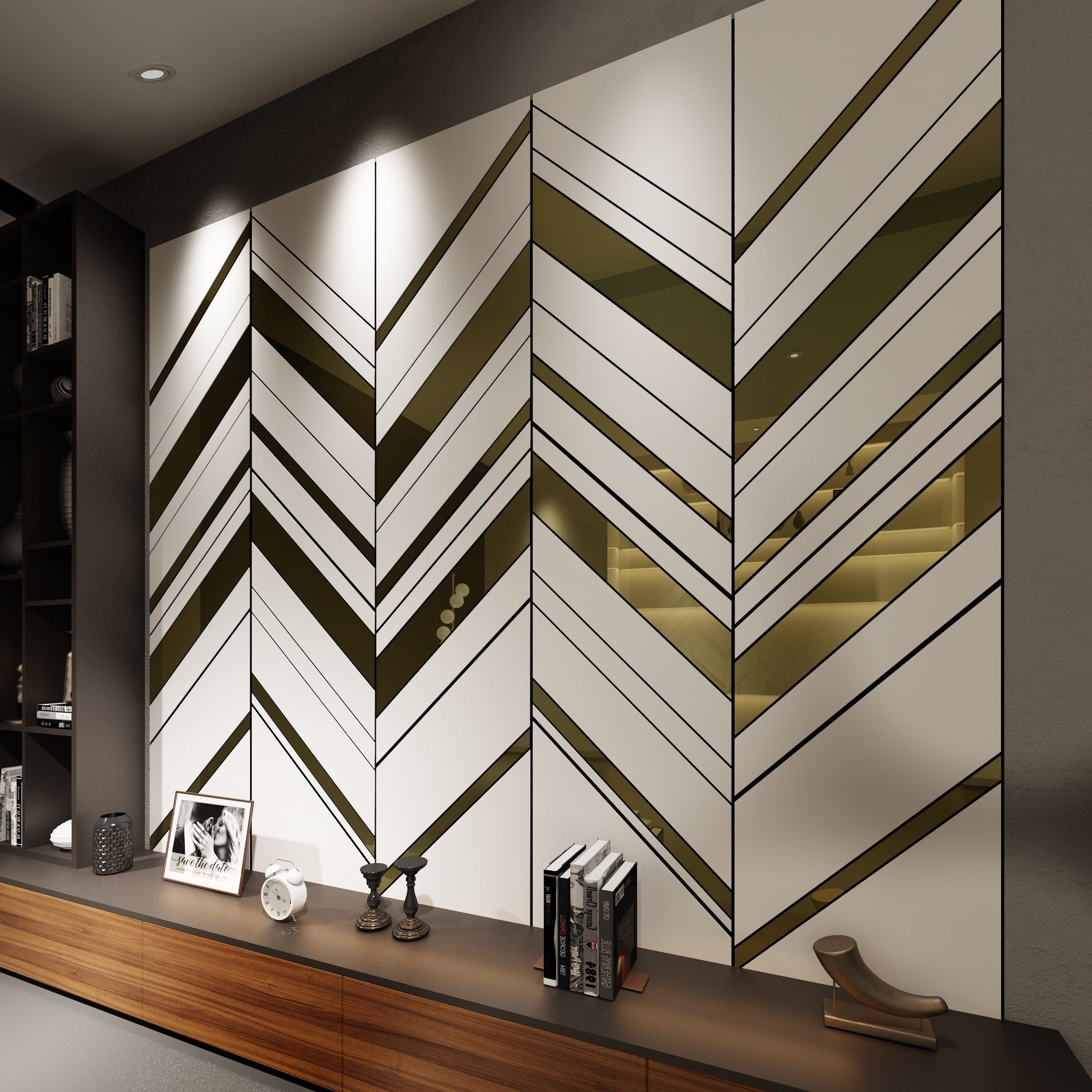 Oblique Panels in White and Gold Mirror, 3D Decorative Panels, Easy Installation, SKU:OPGW-3