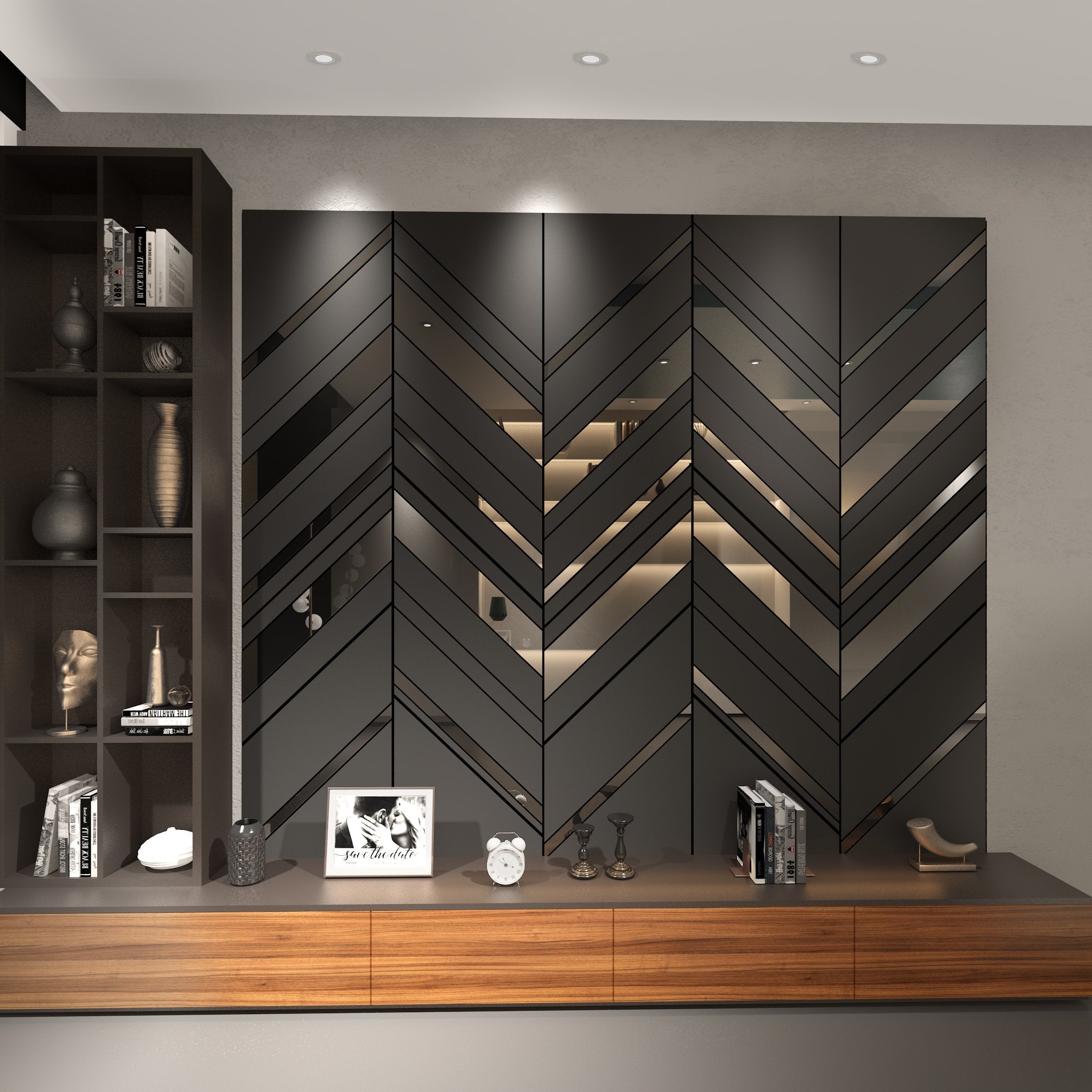 Oblique Panels in Dark Grey and Silver Mirror, 3D Decorative Panels, Wall Panelling System Easy to Install, SKU:OPBL-2