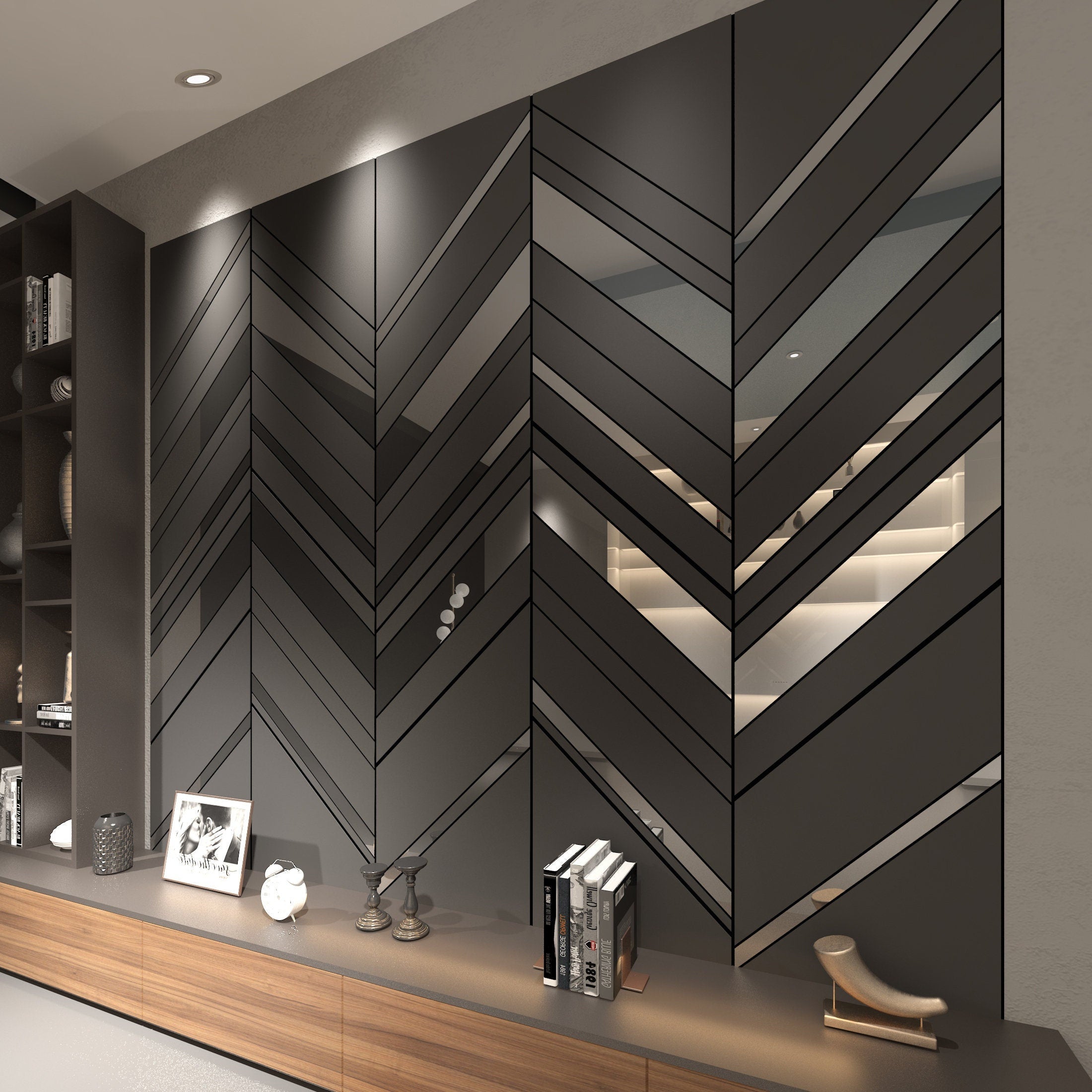 Oblique Panels in Dark Grey and Silver Mirror, 3D Decorative Panels, Wall Panelling System Easy to Install, SKU:OPBL-0