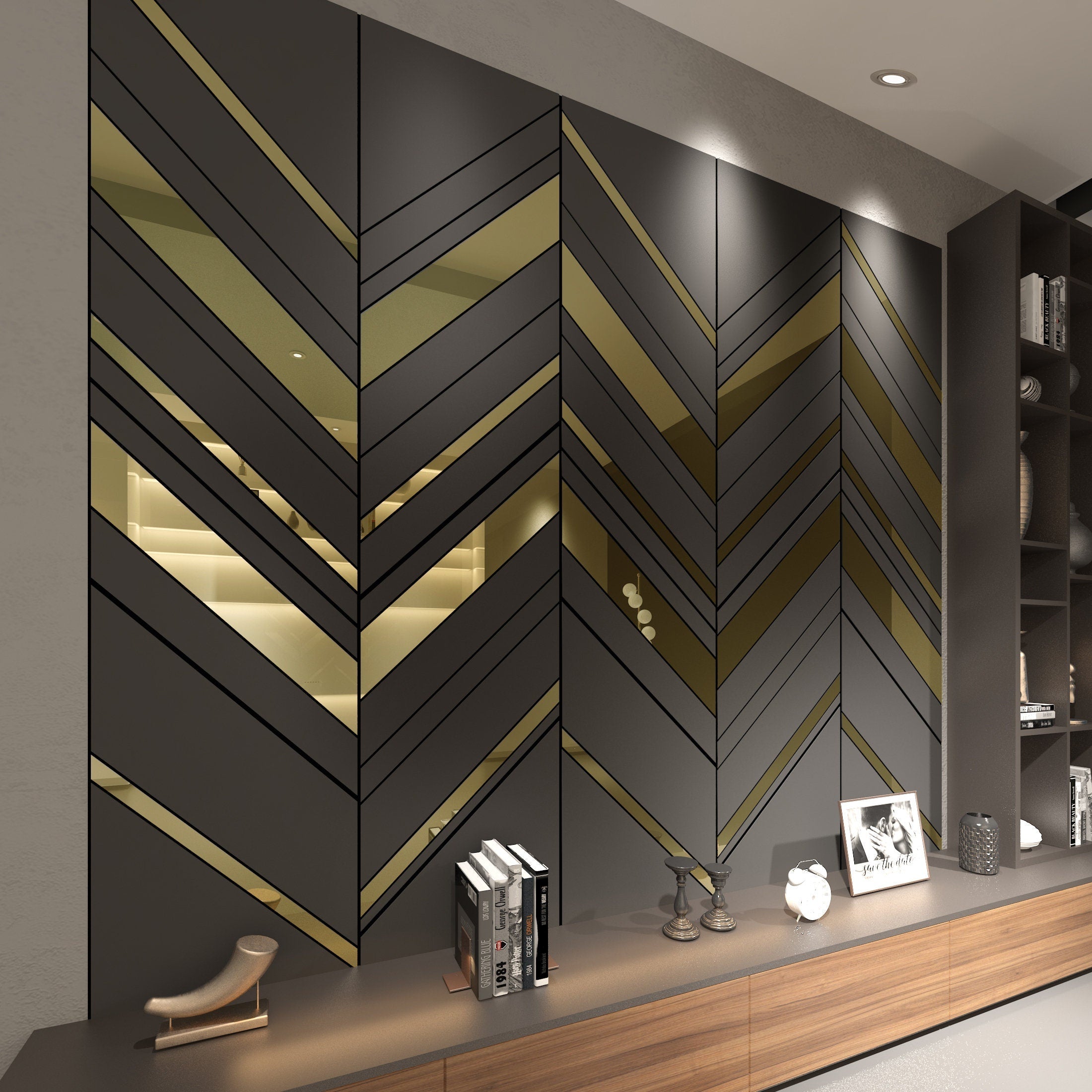 Oblique Panels in Dark Grey and Gold Mirror, 3D Decorative Panels, Wall Panelling System Easy to Install, SKU:OPGB-2