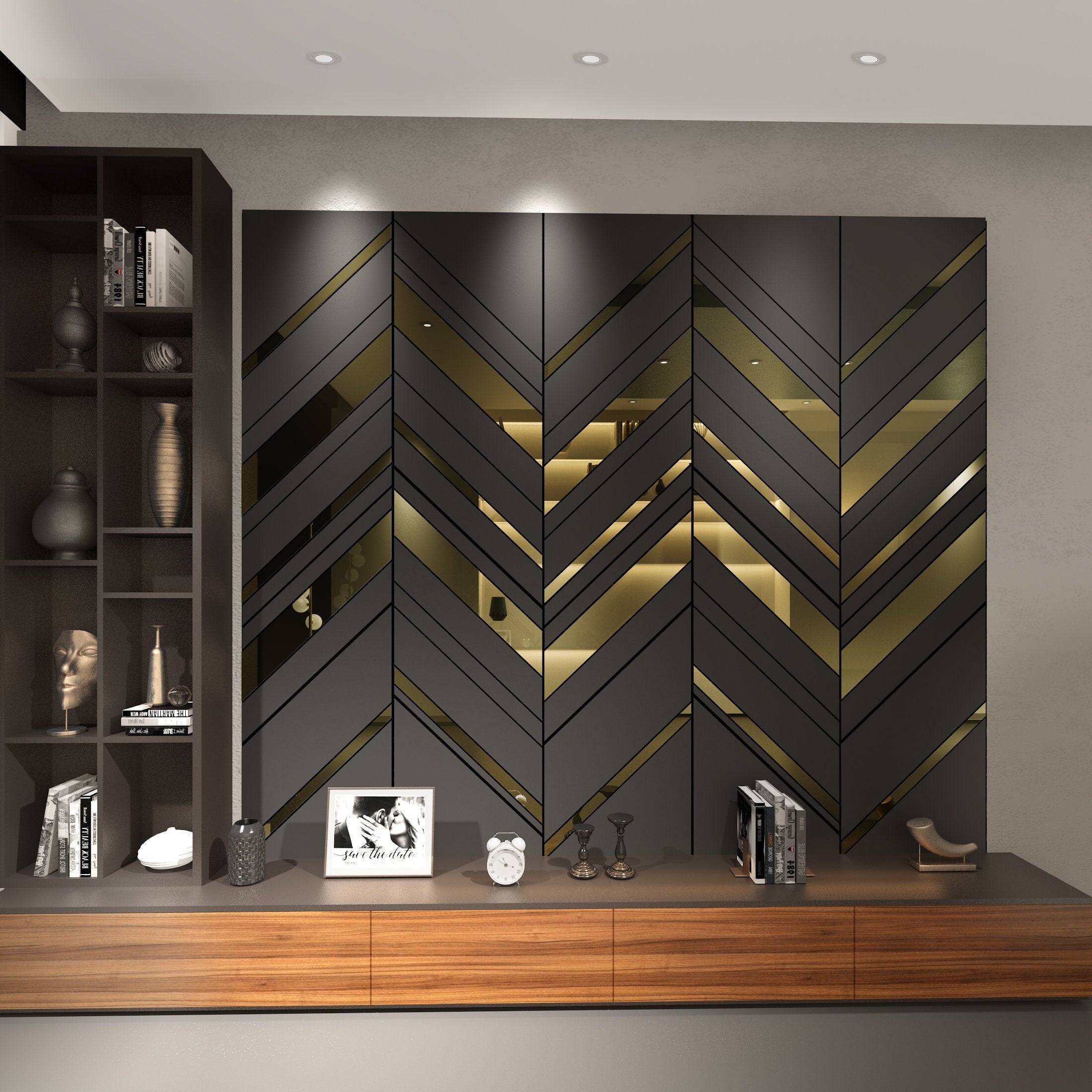 Oblique Panels in Dark Grey and Gold Mirror, 3D Decorative Panels, Wall Panelling System Easy to Install, SKU:OPGB-0