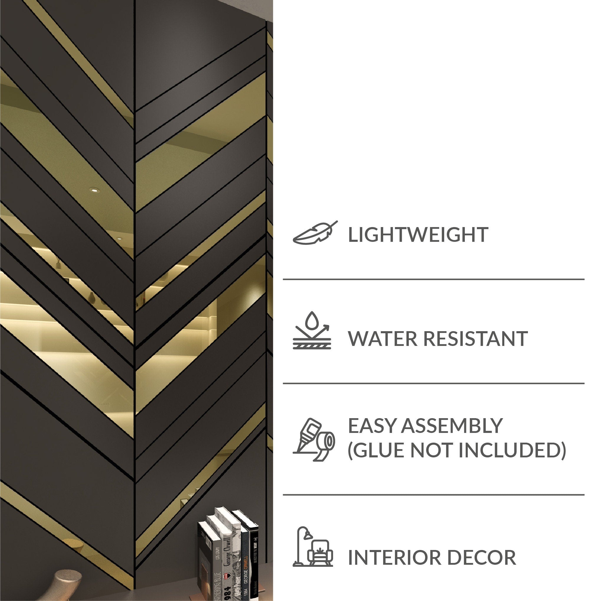 Oblique Panels in Dark Grey and Gold Mirror, 3D Decorative Panels, Wall Panelling System Easy to Install, SKU:OPGB-1