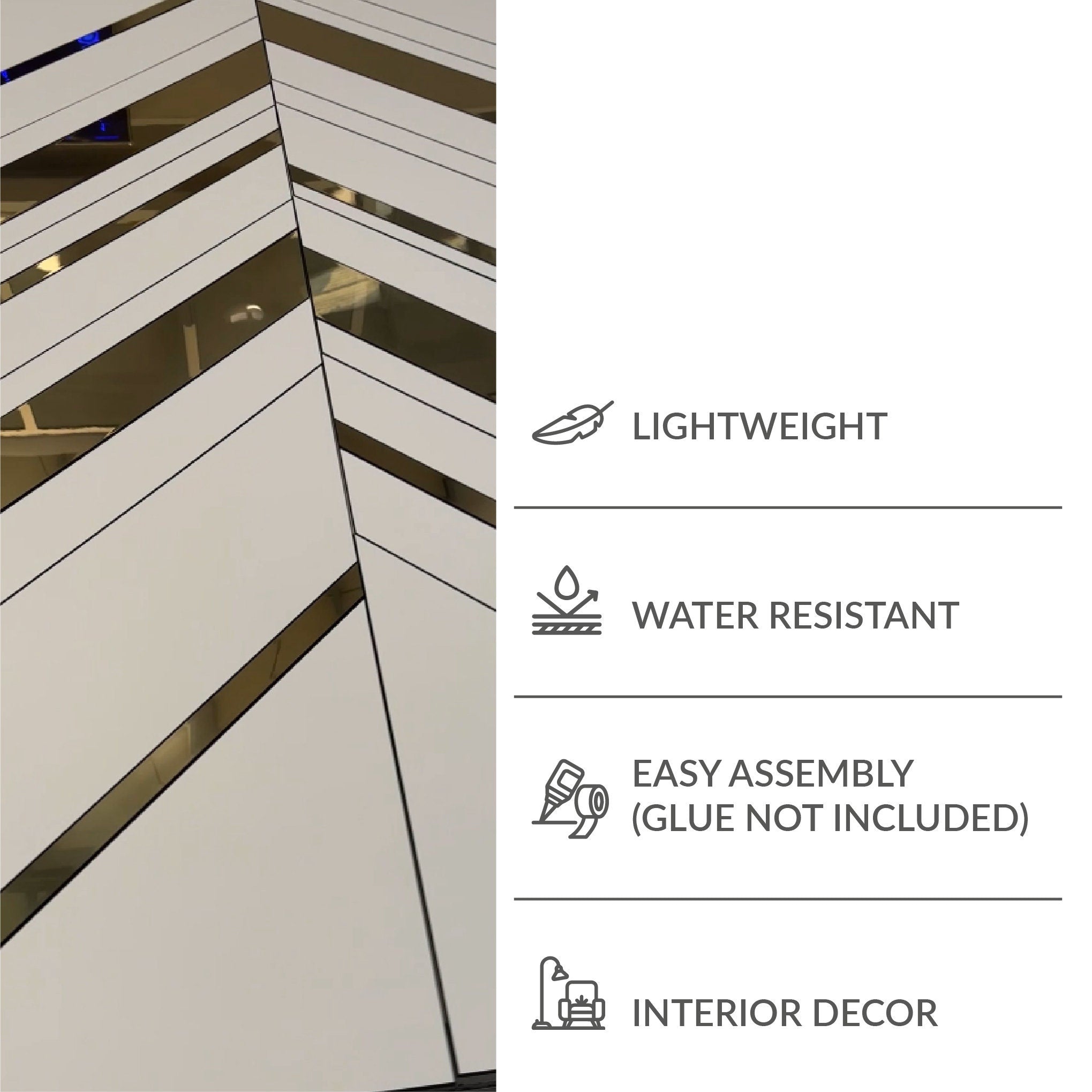 Oblique Panels in White and Gold Mirror, 3D Decorative Panels, Easy Installation, SKU:OPGW-1