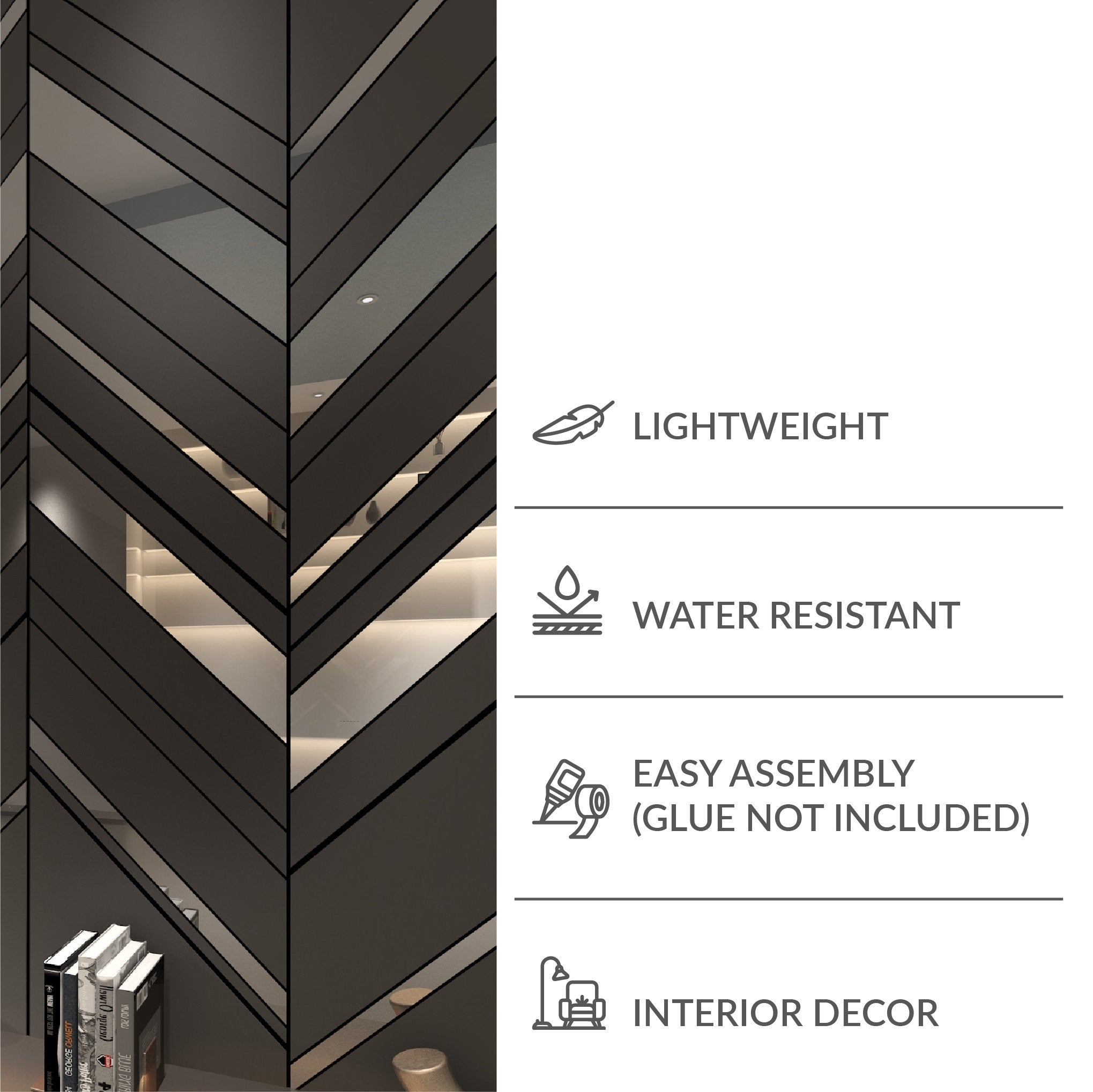 Oblique Panels in Dark Grey and Silver Mirror, 3D Decorative Panels, Wall Panelling System Easy to Install, SKU:OPBL-1