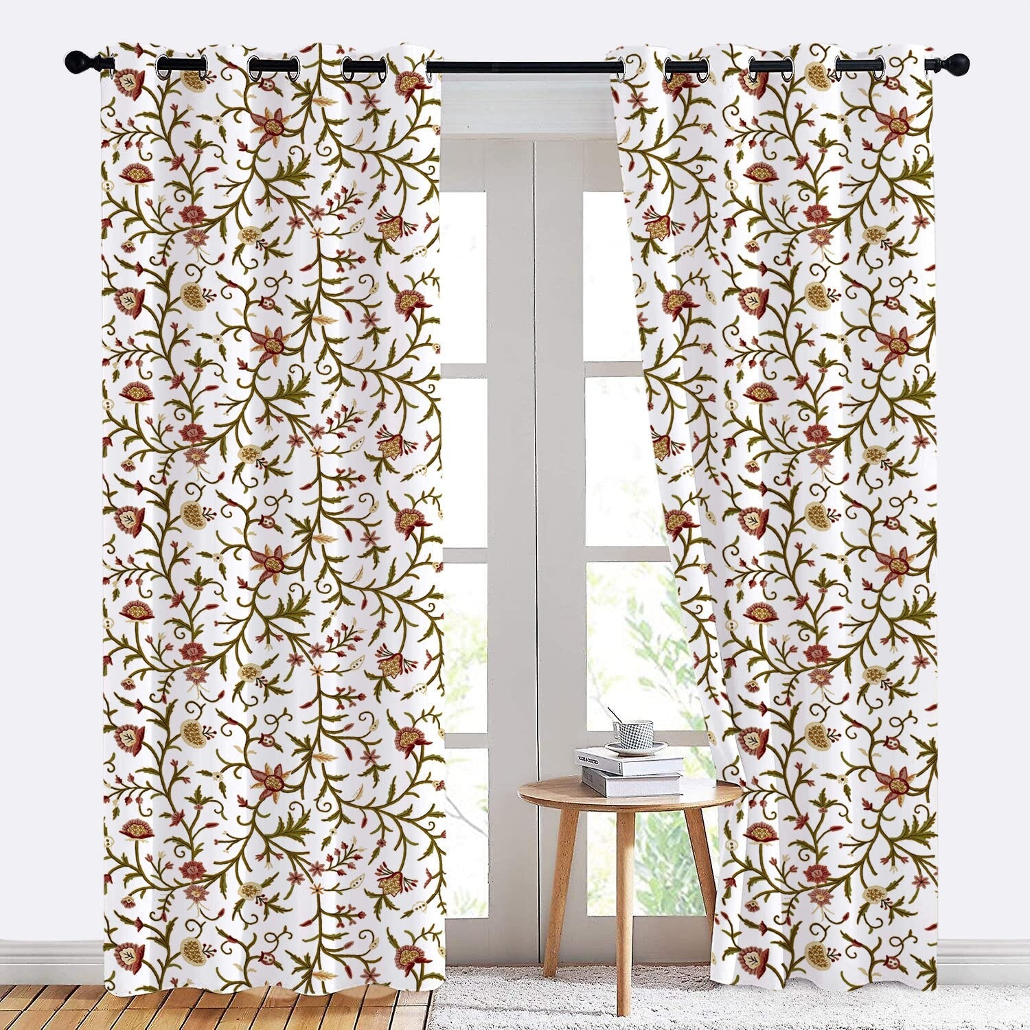 Maia - Set of 2 Panels Crewel Embroidered Curtains | Linen Cotton Mix | Fully Embroidered | Lined-1