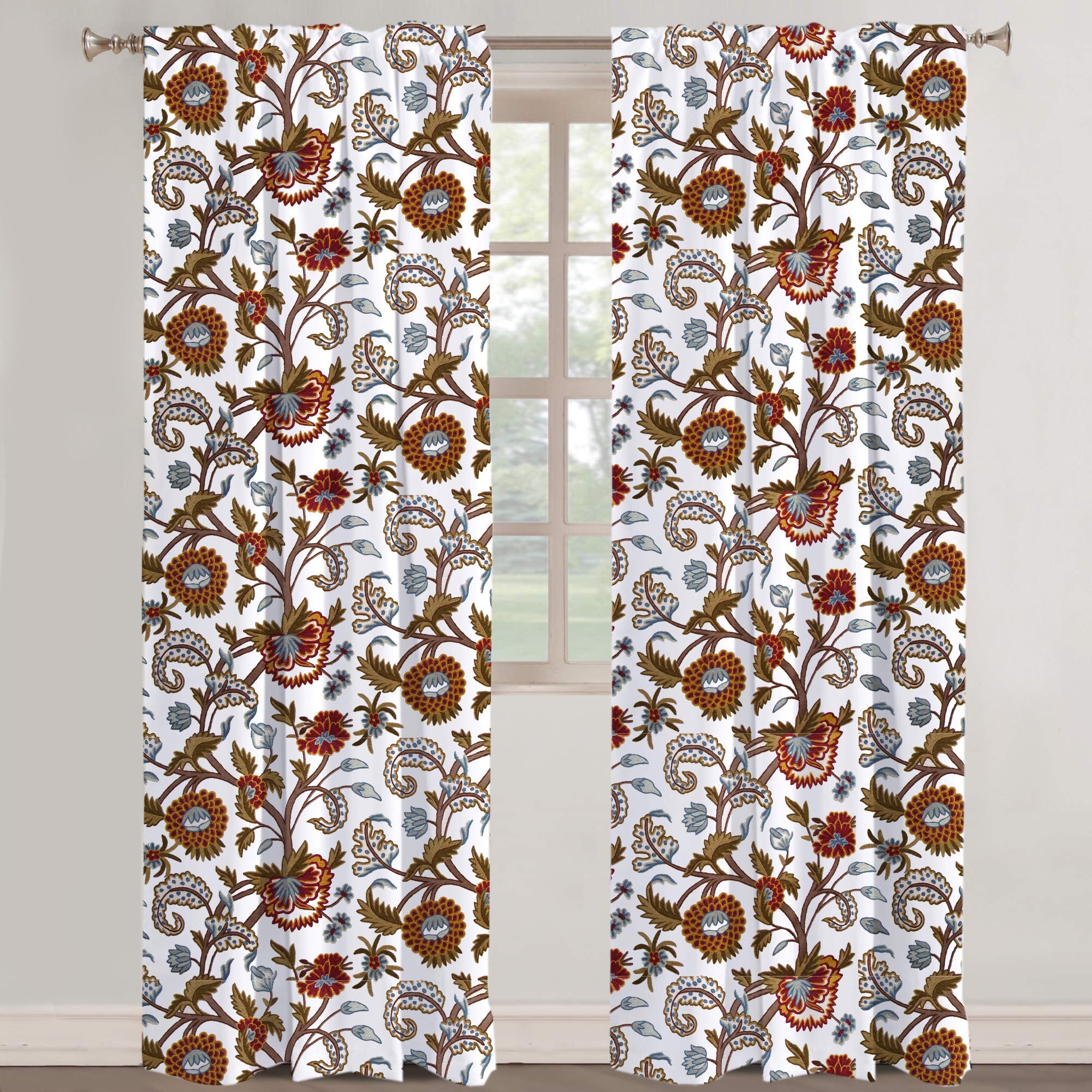 Savannah - Set of 2 Panels Crewel Embroidered Curtains | Linen Cotton Mix | Fully Embroidered | Lined-0