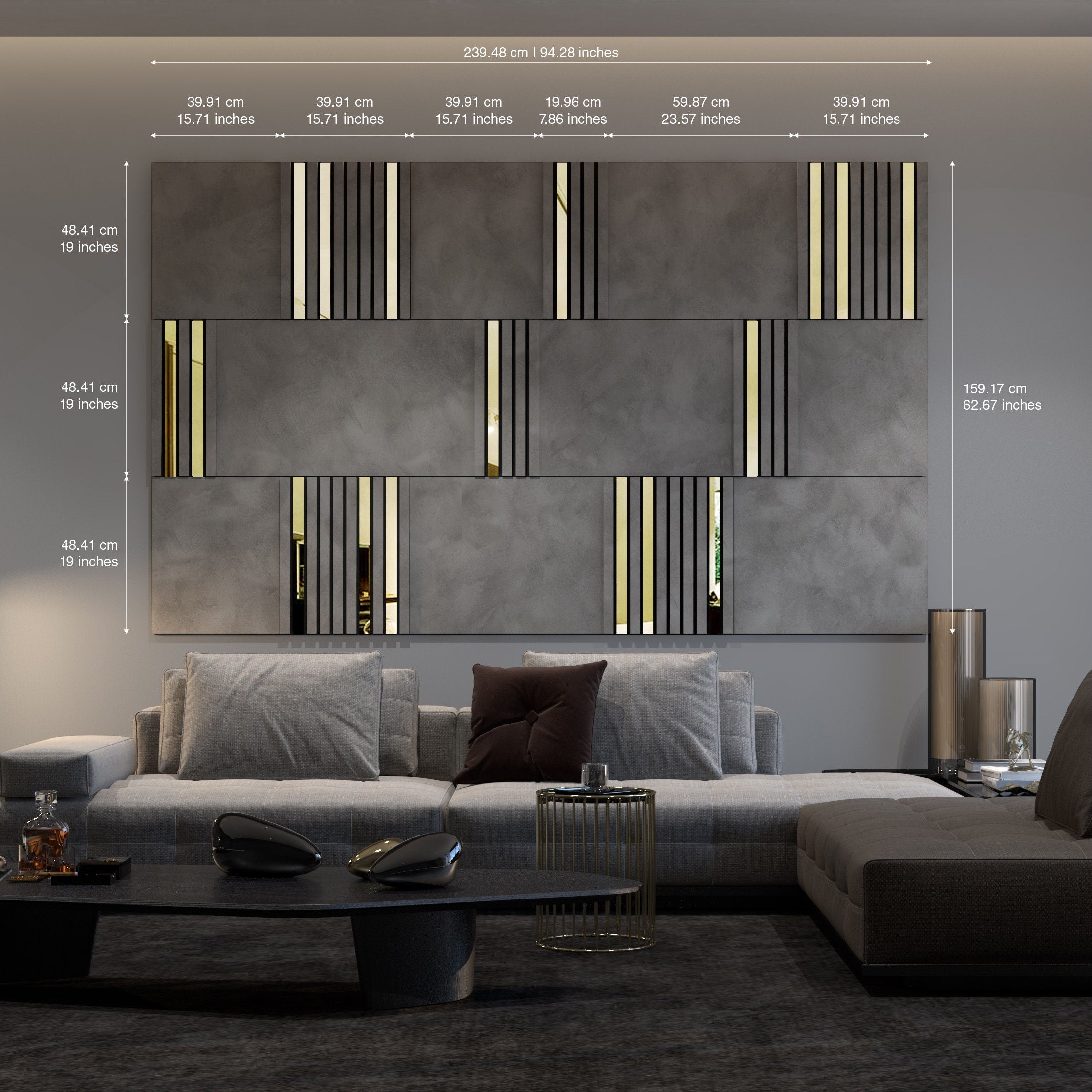 Modular Wall Panels Concrete and Gold Mirror, 3D Wall Panels, Modern Wall Panels, Large Wall Panels, SKU:MDCG-1