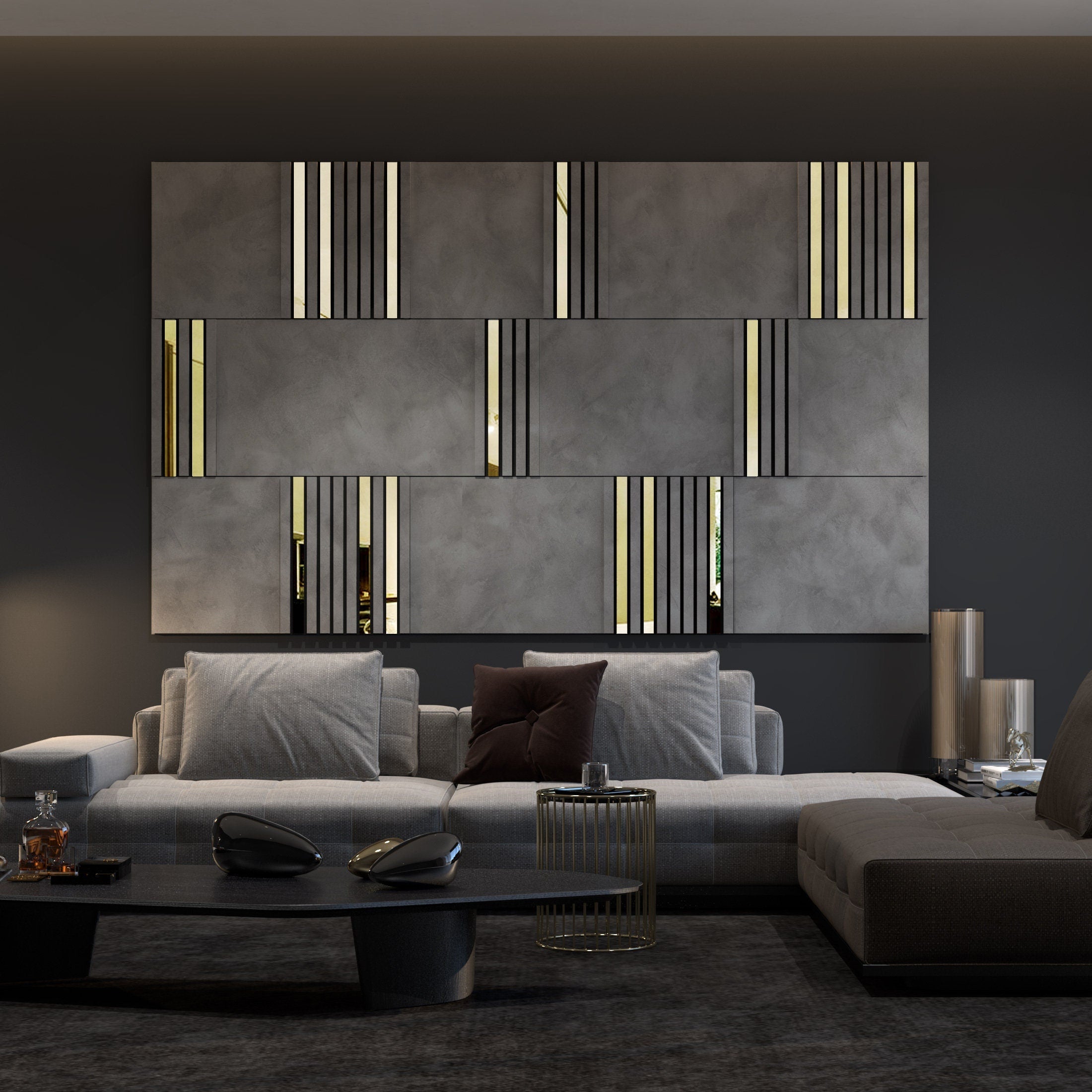 Modular Wall Panels Concrete and Gold Mirror, 3D Wall Panels, Modern Wall Panels, Large Wall Panels, SKU:MDCG-3