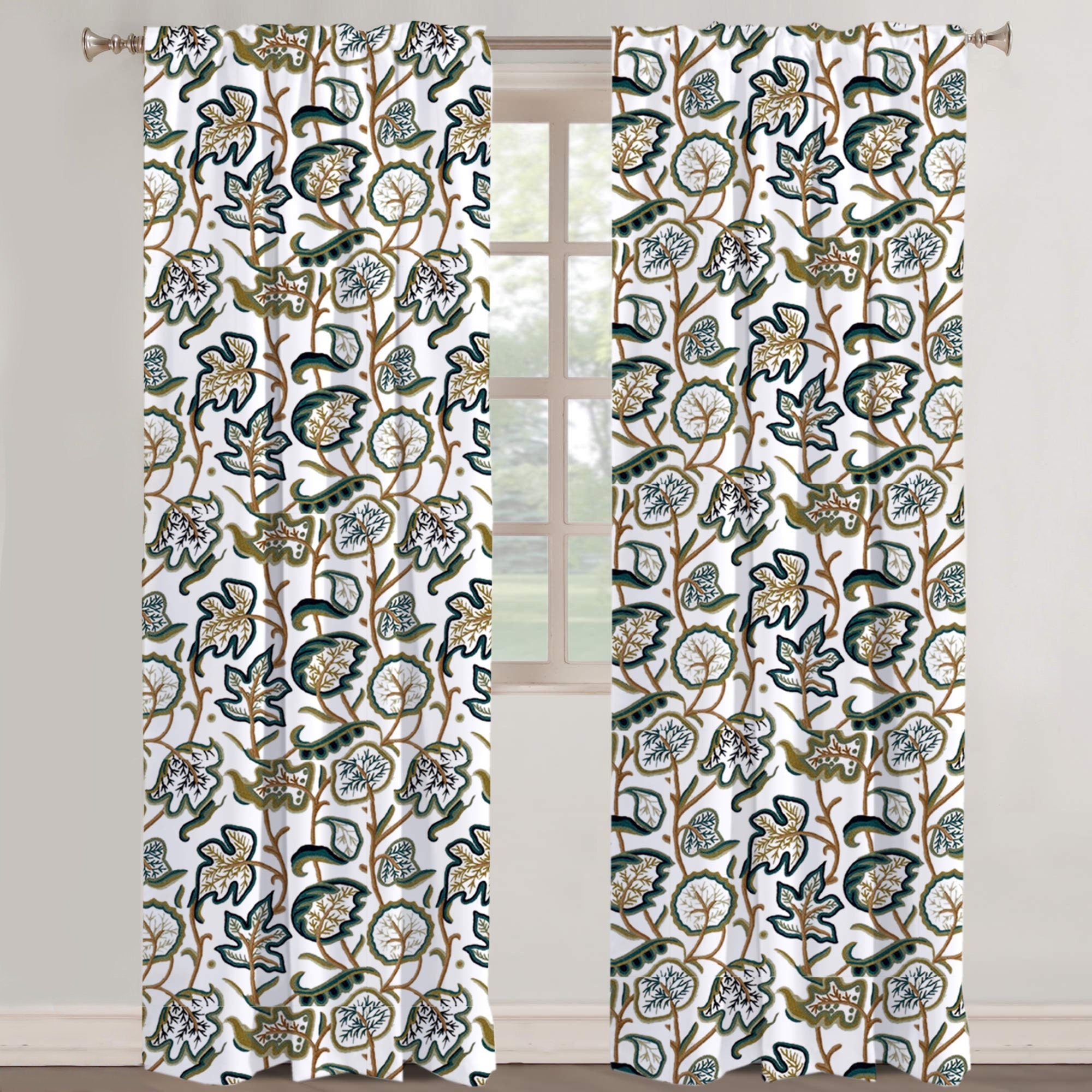 Jade - Set of 2 Panels Crewel Embroidered Curtains | Linen Cotton Mix | Fully Embroidered | Lined-2