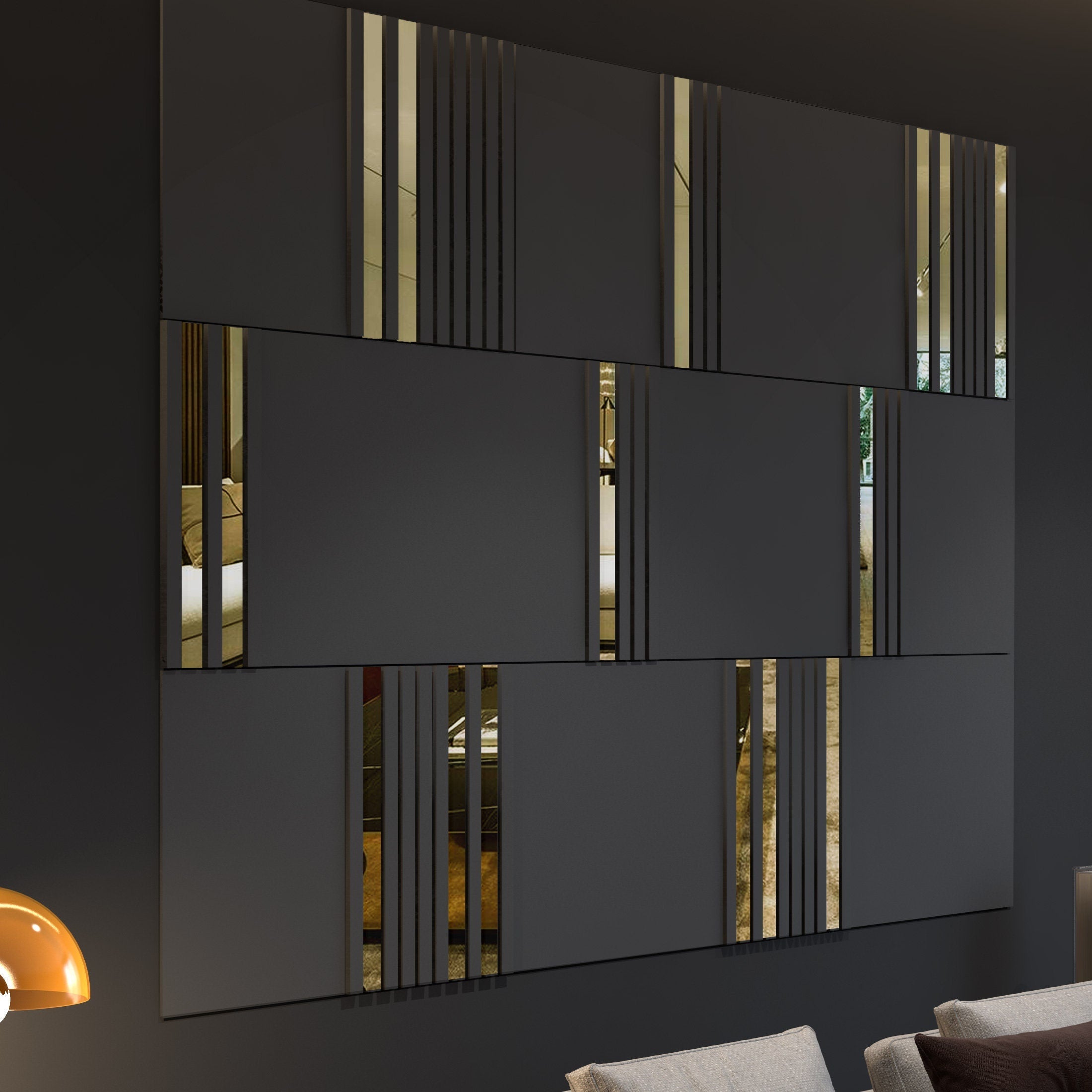 Modular Wall Panels Dark Grey and Gold Mirror, 3D Wall Panels, Modern Wall Panels, Large Wall Panels, SKU:MDGG-2