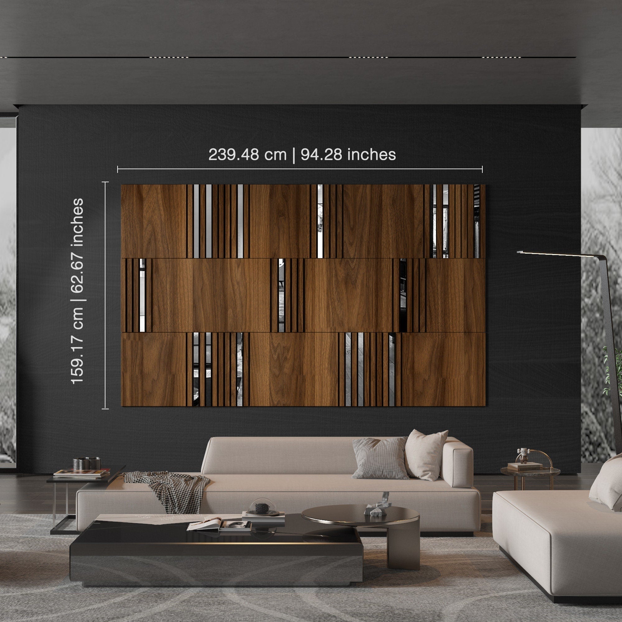 Modular Wall Panels Dark Wood and Silver Mirror, 3D Wall Panels, Modern Wall Panels, Large Wall Panels, SKU:MDWS-2