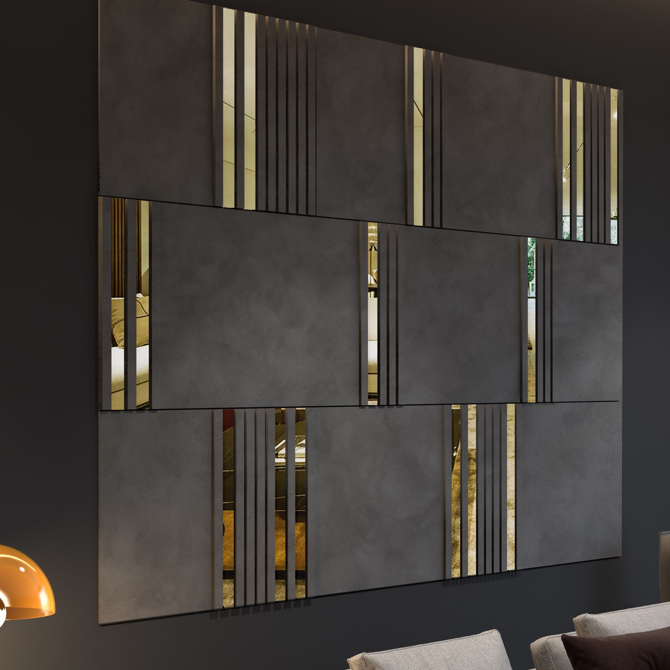 Modular Wall Panels Concrete and Gold Mirror, 3D Wall Panels, Modern Wall Panels, Large Wall Panels, SKU:MDCG-4