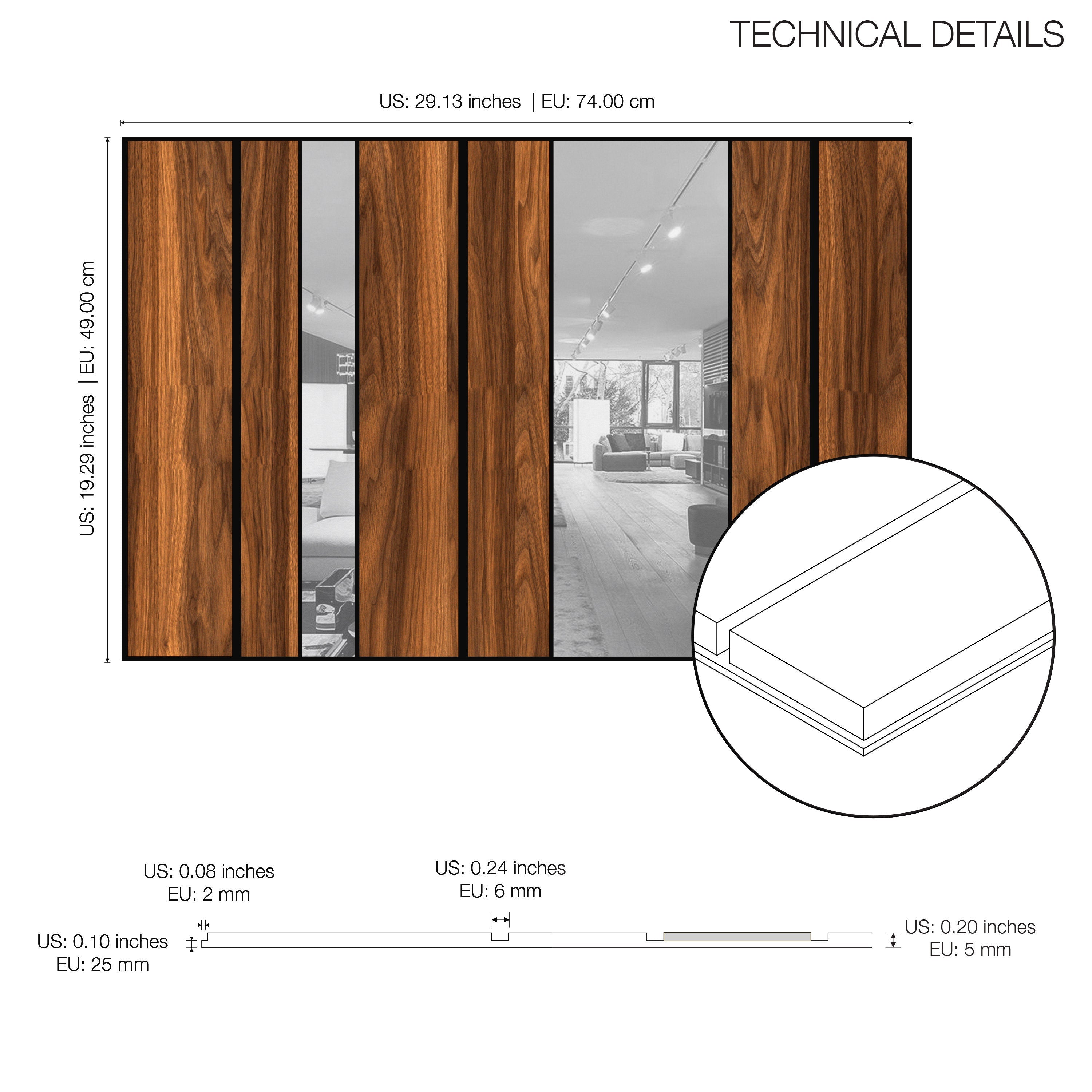 Dark Wood and Silver Mirror Decorative Panels, Wood Slat Wall Panel, 3D Wall Panels, Easy Installation, SKU:DAIS-4