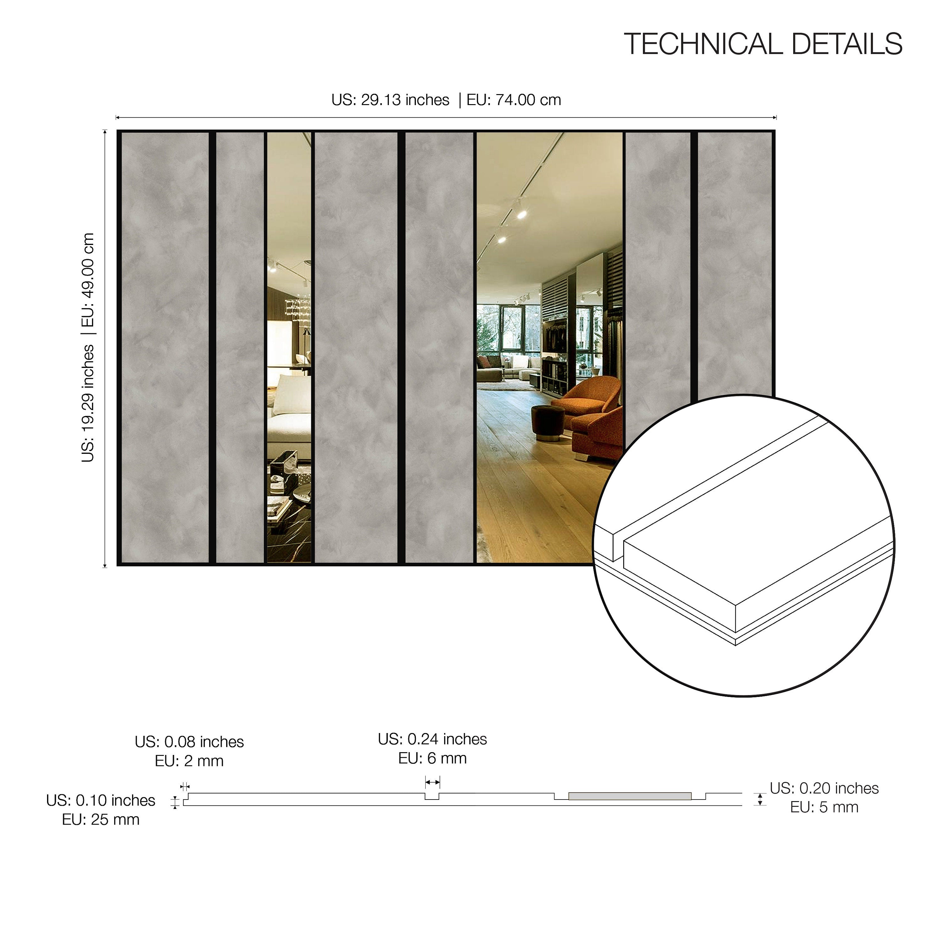 Concrete and Silver Mirror Decorative Panels, 3D Wall Panels, Modern Wall Panels, Large Wall Panels, SKU:COIS-4