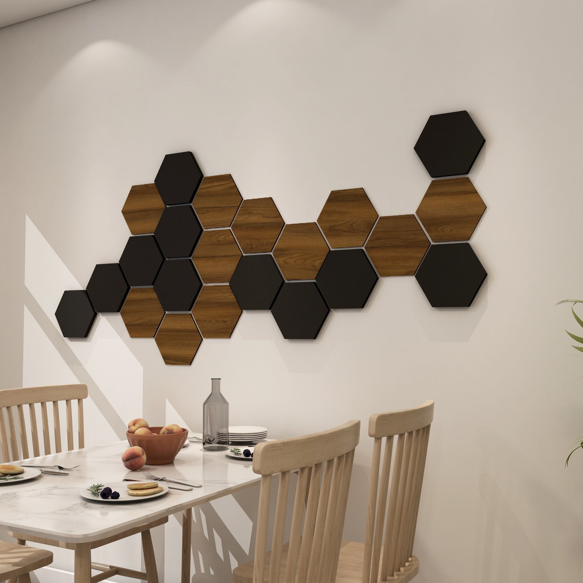 Black and Dark Wood Hexagons, Honeycomb Décor Panels, 3D Geometric Wall Art, Easy Installation, SKU:BWOH-0