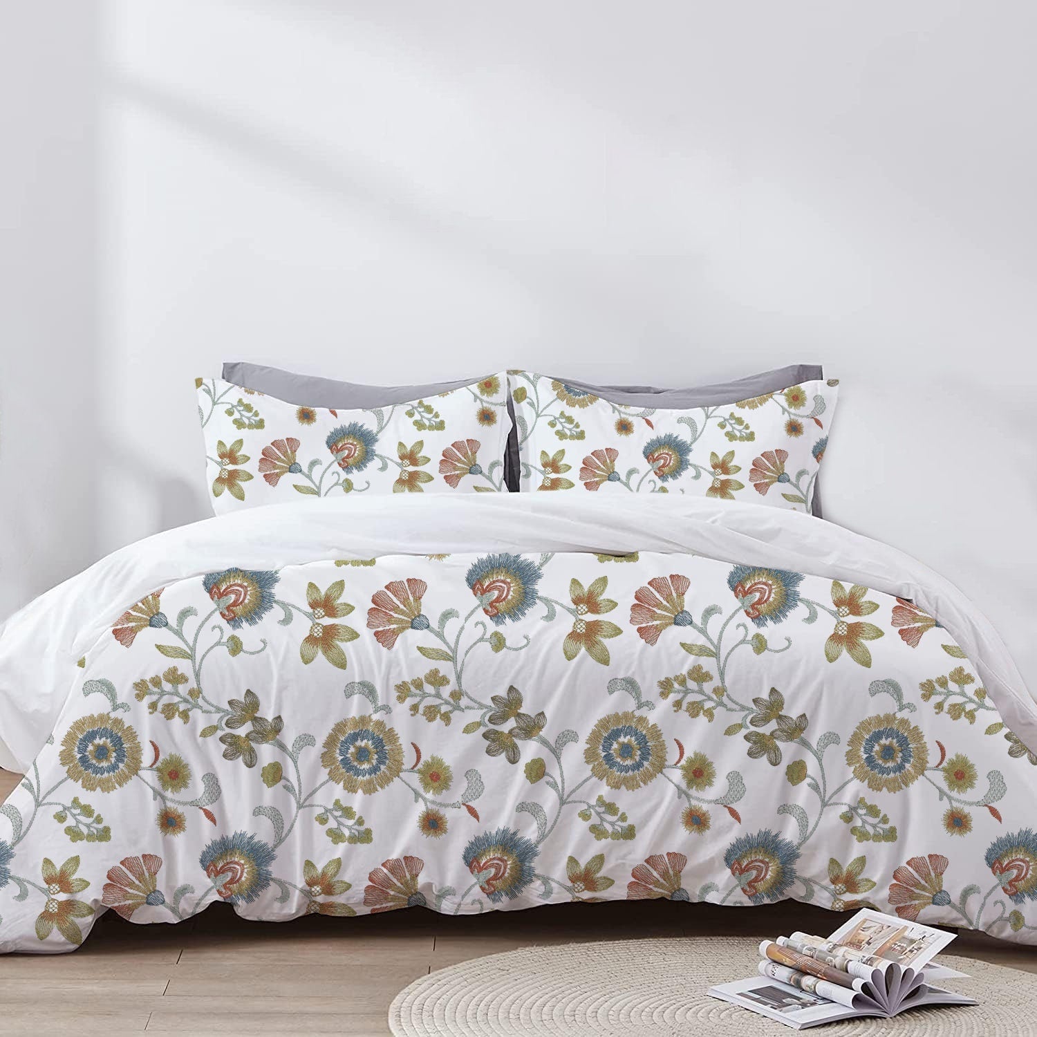 Calista - 3 Piece Crewel Embroidered Duvet Set | Linen Cotton Mix | Embroidered Duvet Cover with Embroidered Pillowcases | Handmade | Soft-0