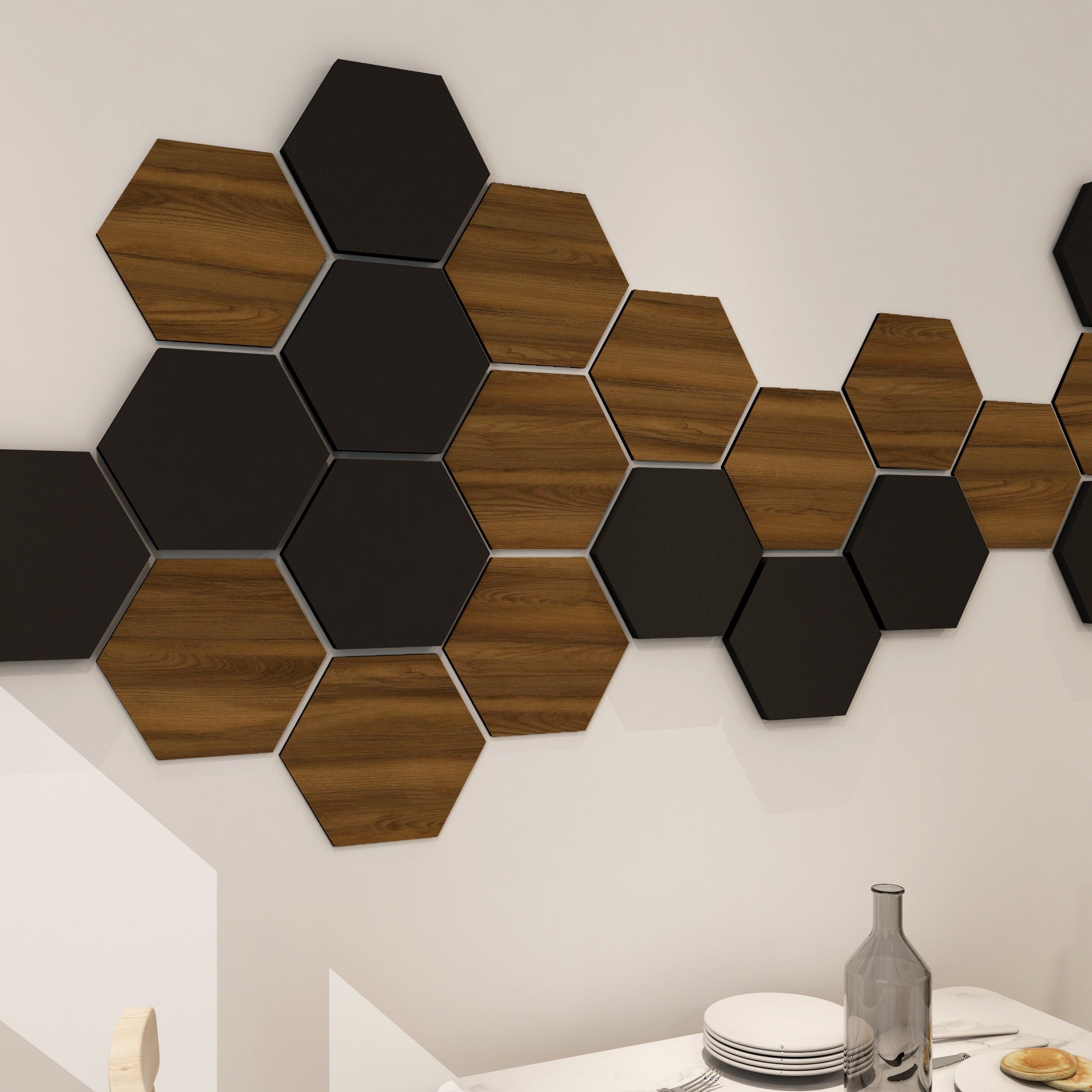 Black and Dark Wood Hexagons, Honeycomb Décor Panels, 3D Geometric Wall Art, Easy Installation, SKU:BWOH-1