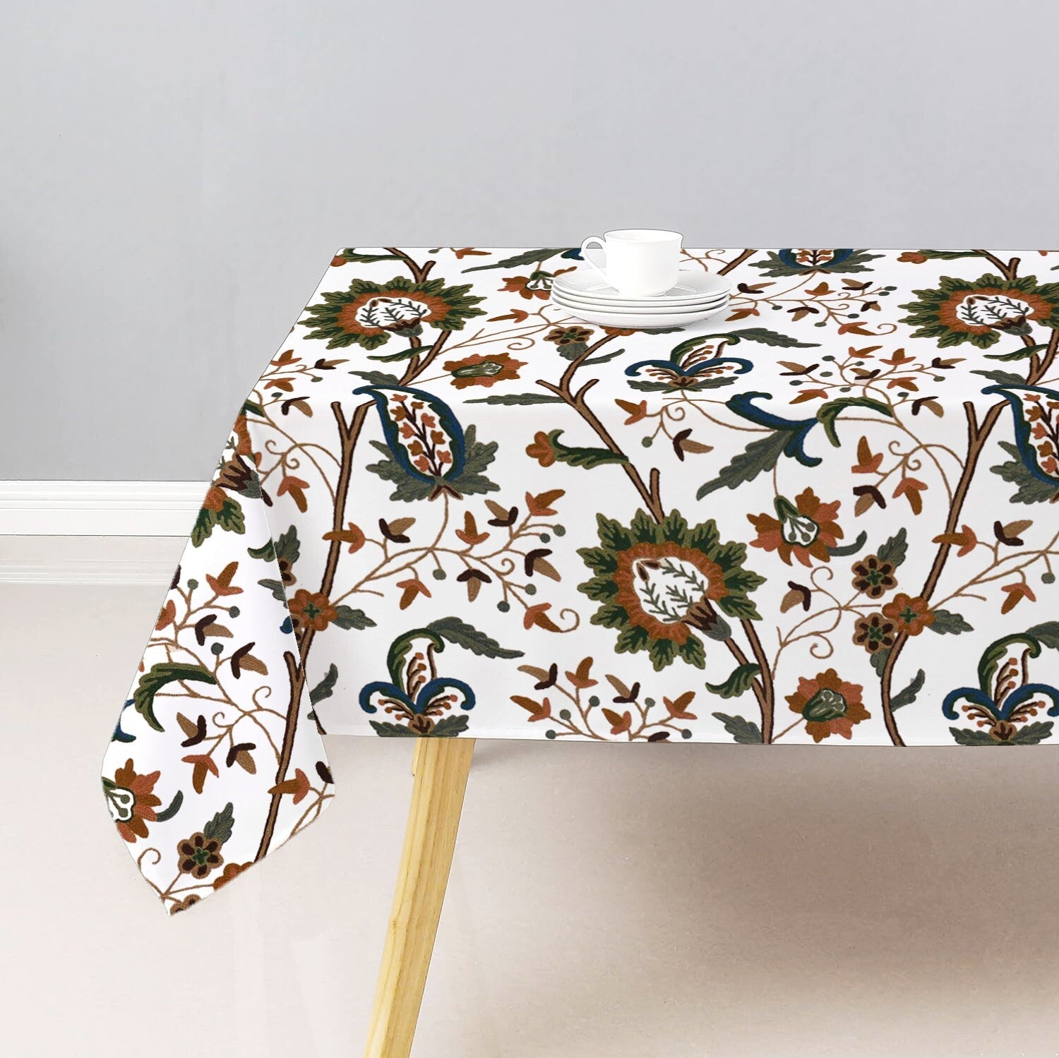 Sydney - Crewel Embroidered Tablecloth | Linen Cotton Mix | Soft | Handmade | Cotton Linen Backing | Customisable Sizes-1