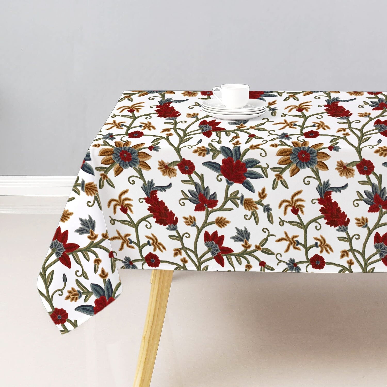 Sarah - Crewel Embroidered Tablecloth | Linen Cotton Mix | Soft | Handmade | Cotton Linen Backing | Customisable Sizes-1