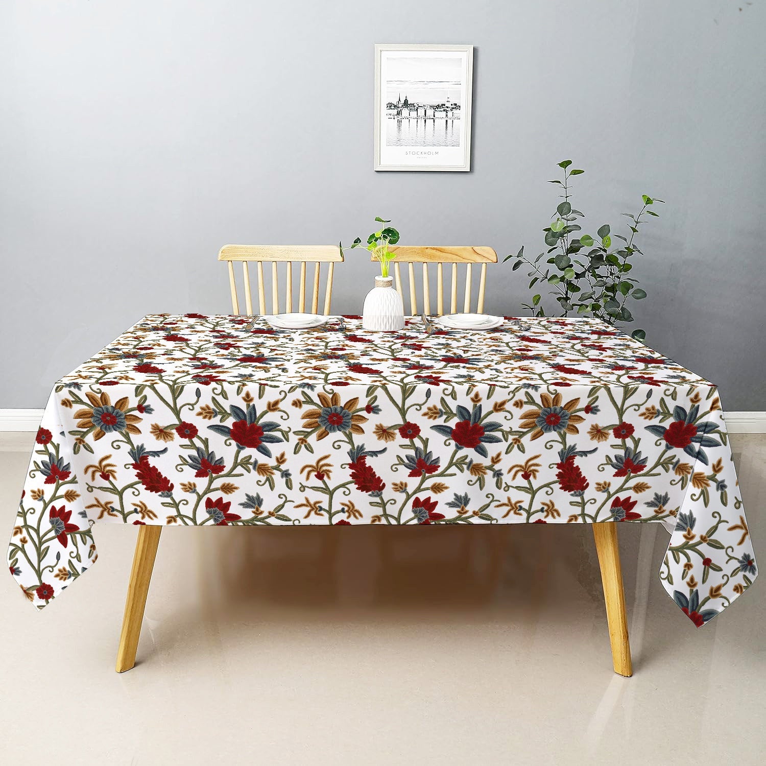 Sarah - Crewel Embroidered Tablecloth | Linen Cotton Mix | Soft | Handmade | Cotton Linen Backing | Customisable Sizes-0