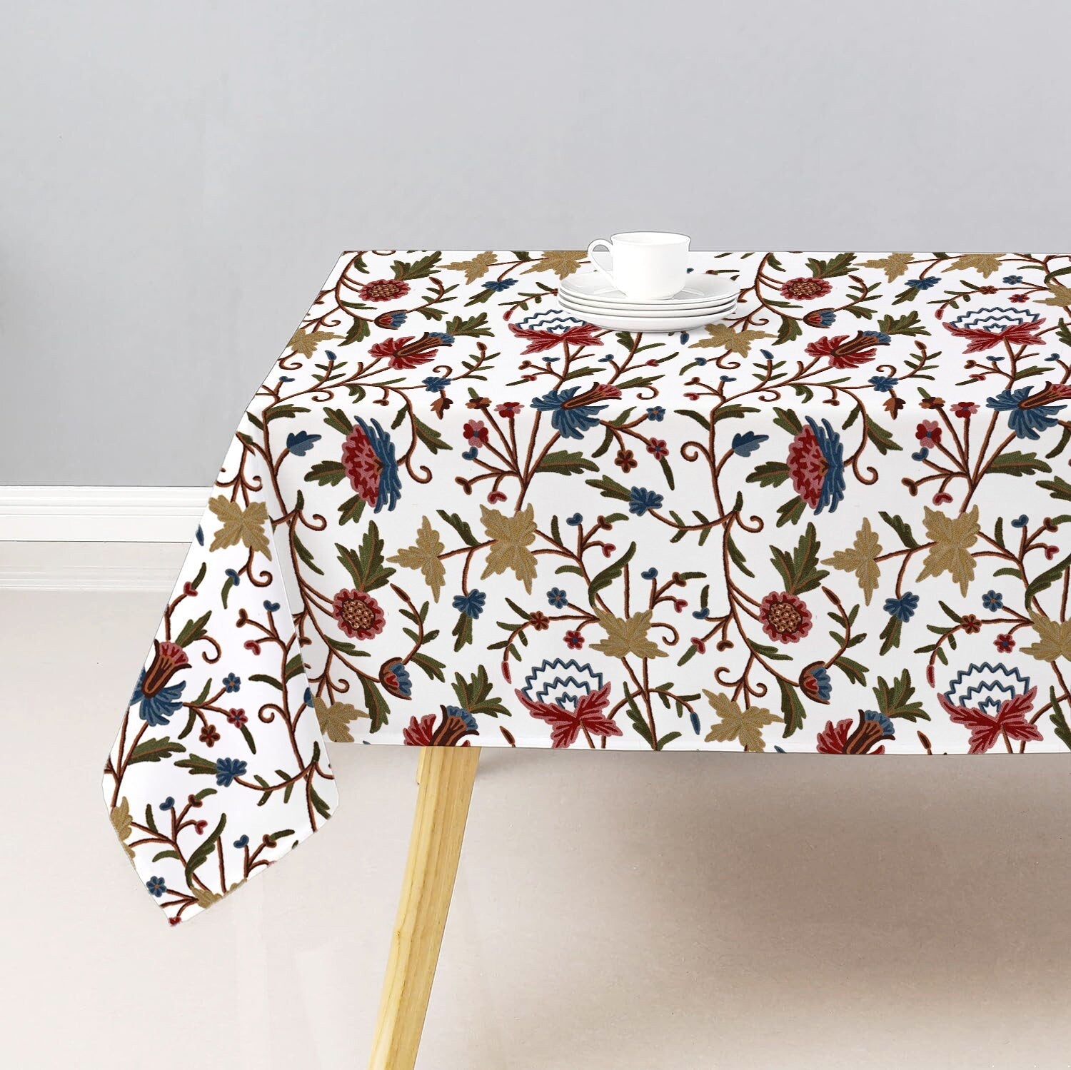 Sophia - Crewel Embroidered Tablecloth | Linen Cotton Mix | Soft | Handmade | Cotton Linen Backing | Customisable Sizes-1