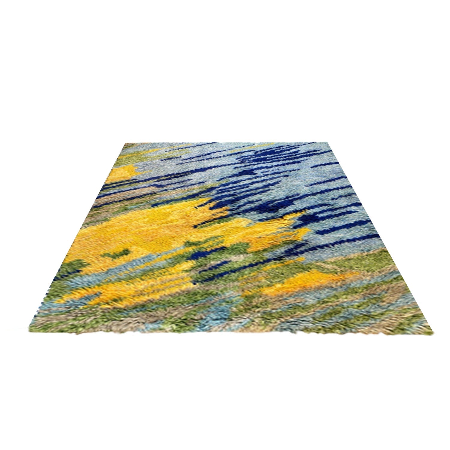 Blue, Yellow, Green | Abstract Design - Handcrafted Rug/Carpet | Pure Wool | Hand Tufted | High Pile | High Density | Yarn Dyed-1