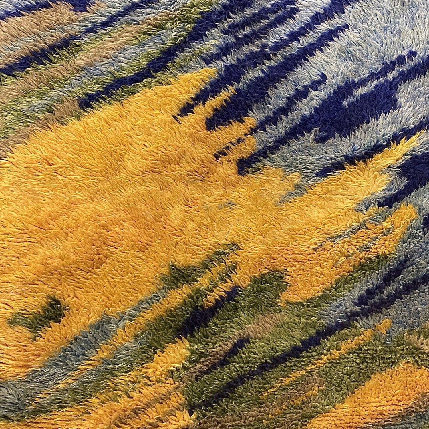 Blue, Yellow, Green | Abstract Design - Handcrafted Rug/Carpet | Pure Wool | Hand Tufted | High Pile | High Density | Yarn Dyed-4