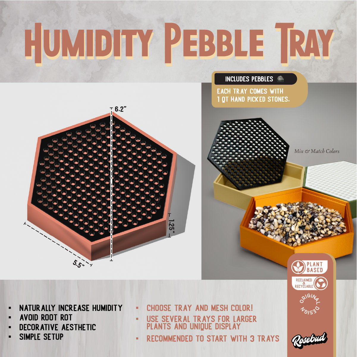 Water Humidity Tray for Houseplants, Includes Pebbles