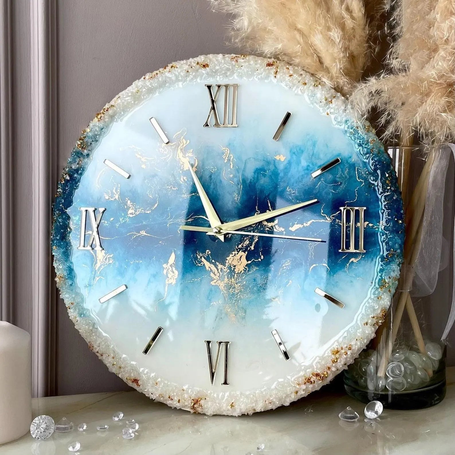 Blue White and Golden Abstract Epoxy Resin Wall Clock For Home Decor-0