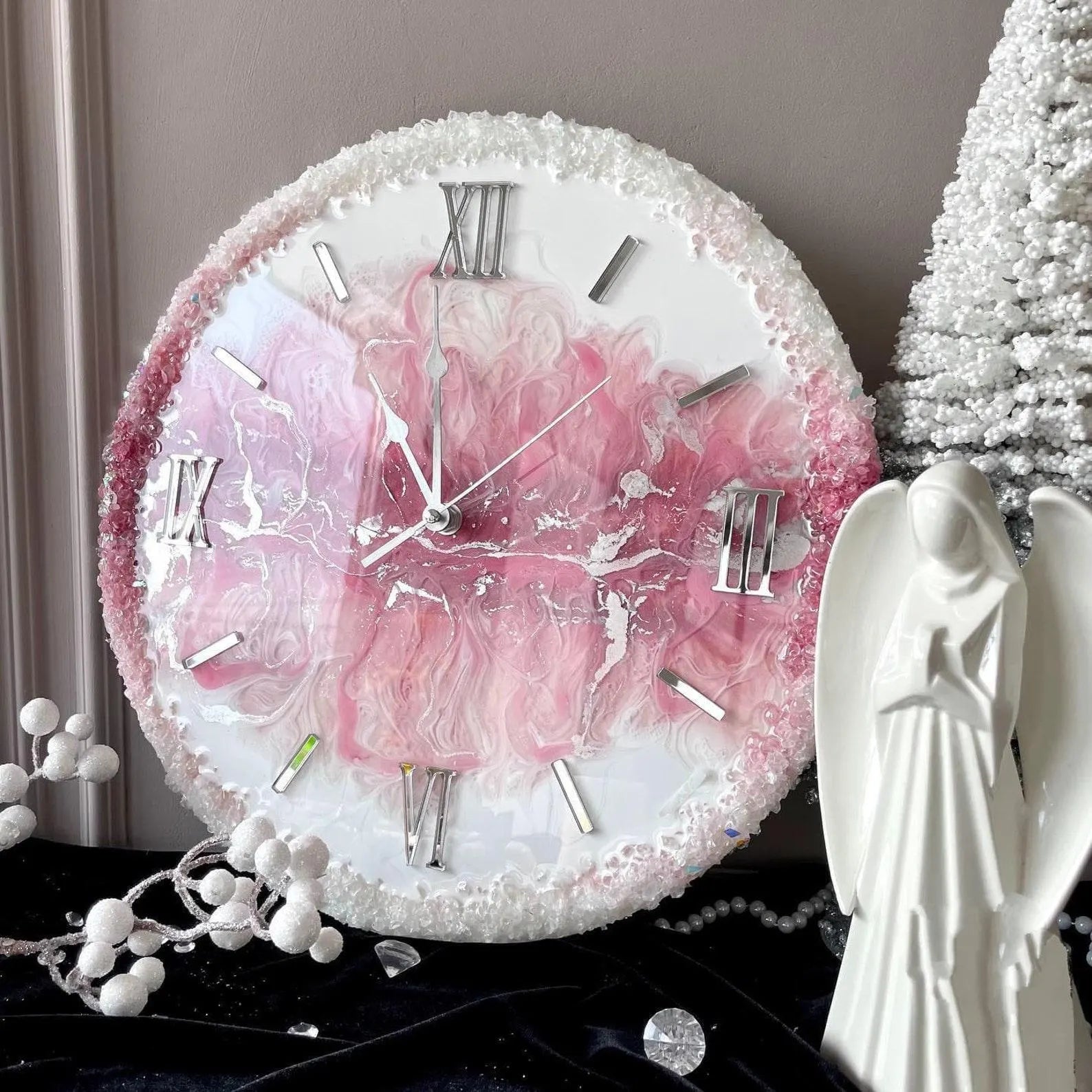 Pink And White Abstract Epoxy Resin Wall Clock For Home Decor-0