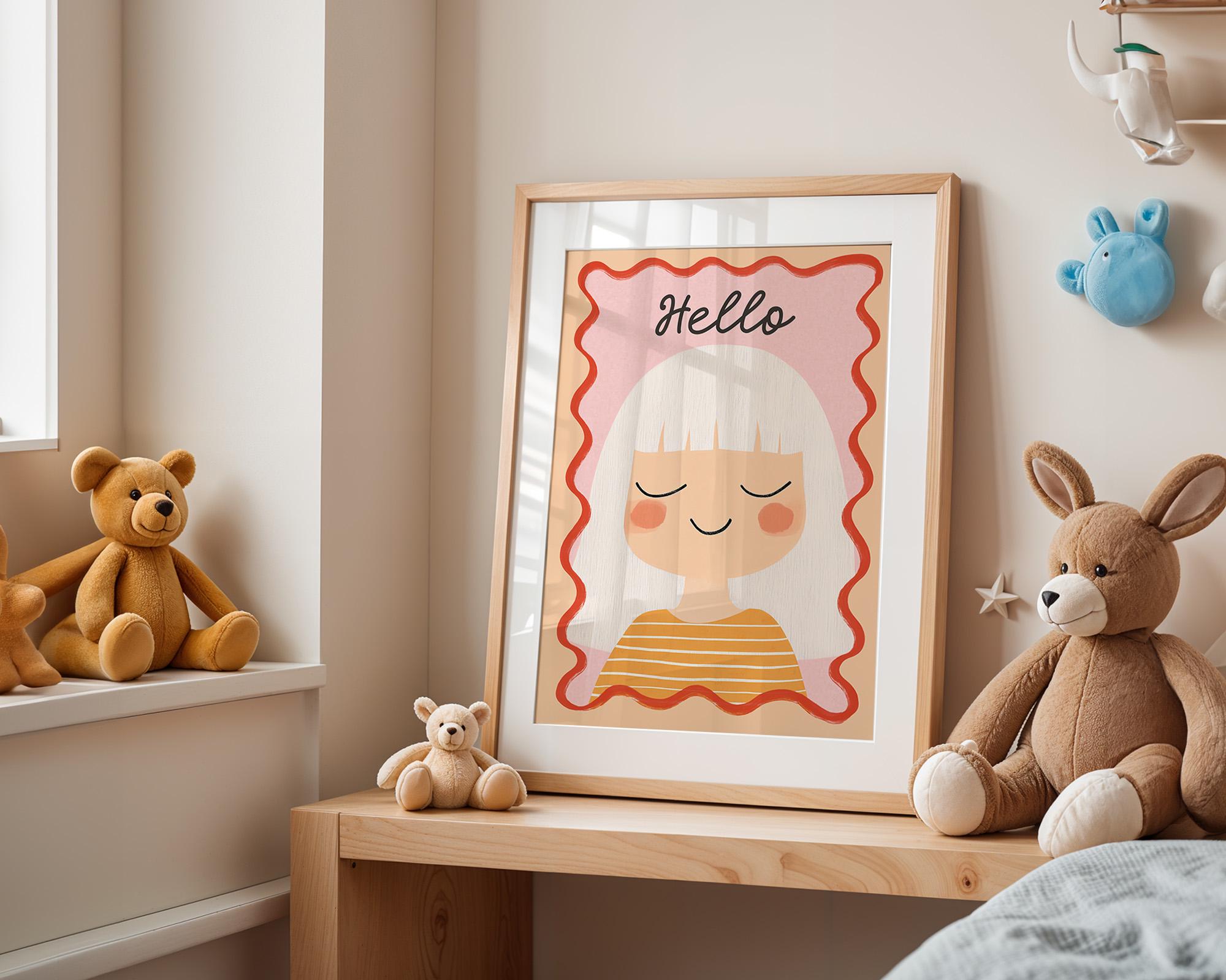Poster Kinderzimmer Mädchen · Hello Schriftzug · Fröhliches Porträt mit weißen Haaren · Sanfte Farben · Deko ohne Rahmen-1