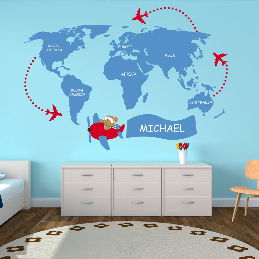 Nursery World Map - Kids - World Map Decal - World Map Wall Art - World Map - Wall Sticker - Kids Bedroom - Personalized Name-2