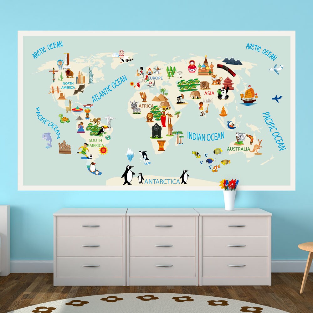 Kids World Map - Repositionable Adhesive Fabric Sticker - For Kids Bedroom and Nursery SKU:WoMapKids-0