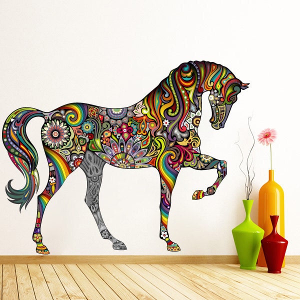 Colorful Tribal Horse - Tribal Wall Art - Colorful Floral Sticker - Home Design Wall Sticker - SKU - HorseTrib-0