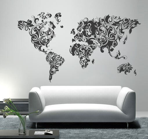 Worldmap Tribal Decal - Large World Map Vinyl Wall Sticker - World Map Wall Sticker - SKU: TFLORALWMSTICK-1