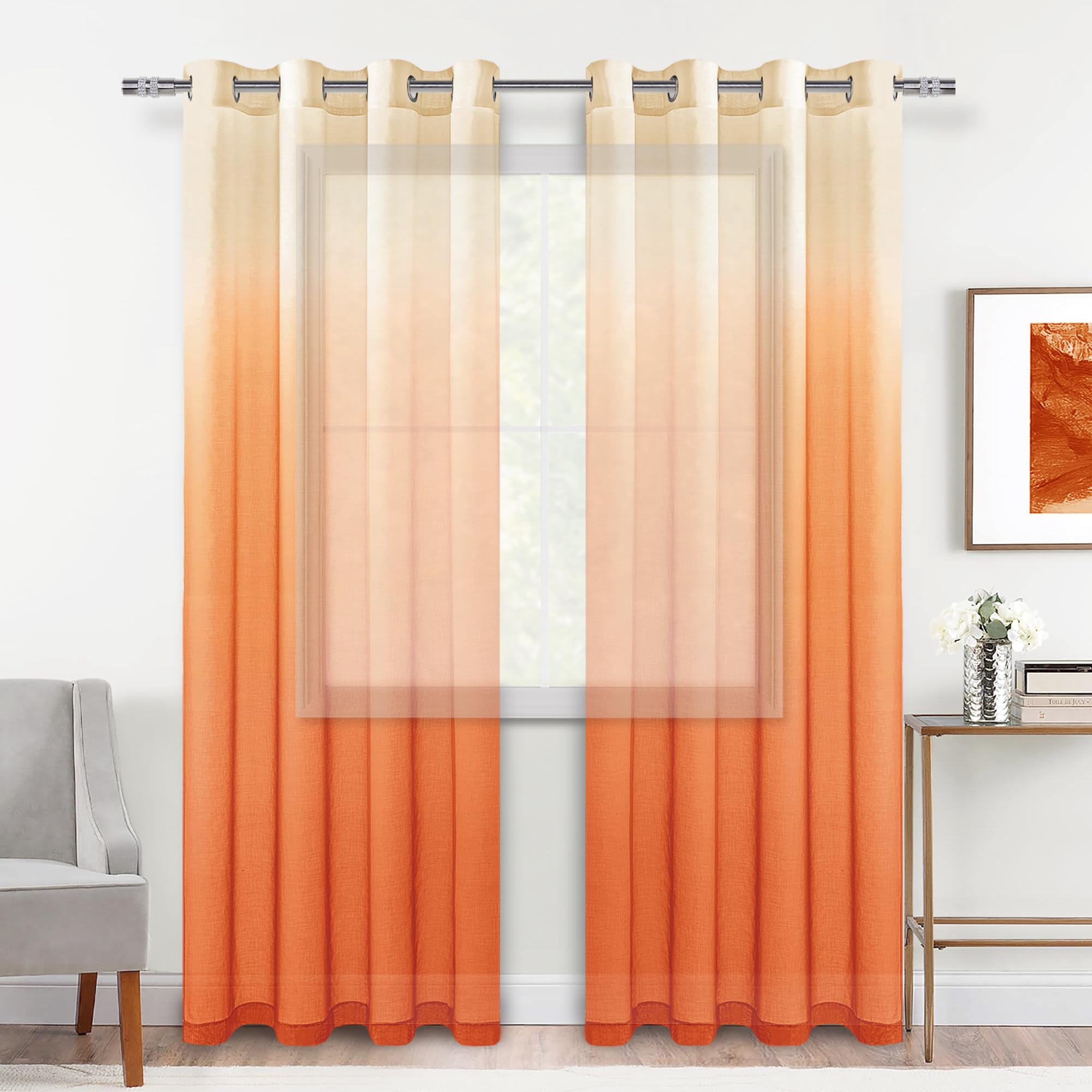 DWCN Faux Linen Ombre Sheer Curtains, Set of 2 Panels-6