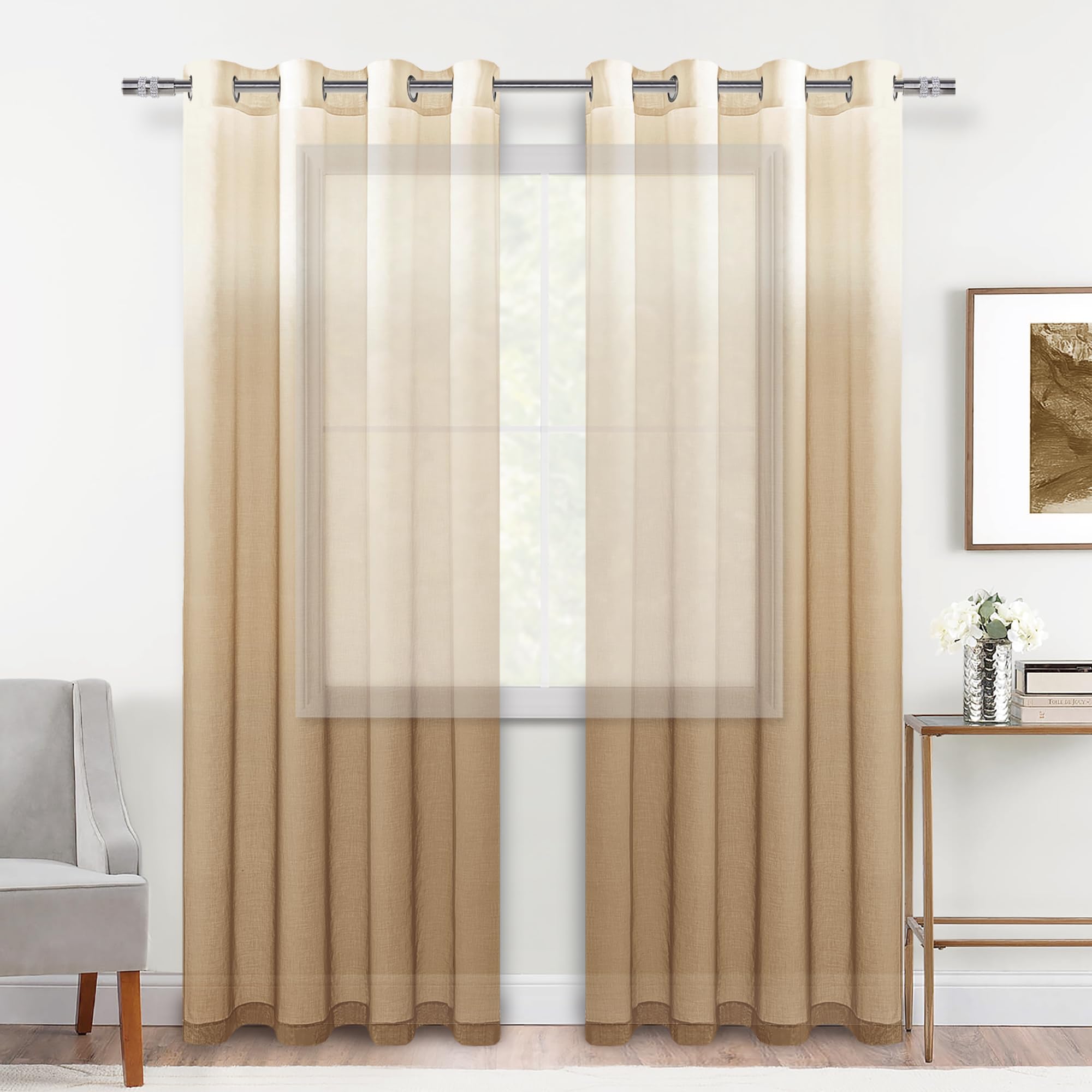 DWCN Faux Linen Ombre Sheer Curtains, Set of 2 Panels-5