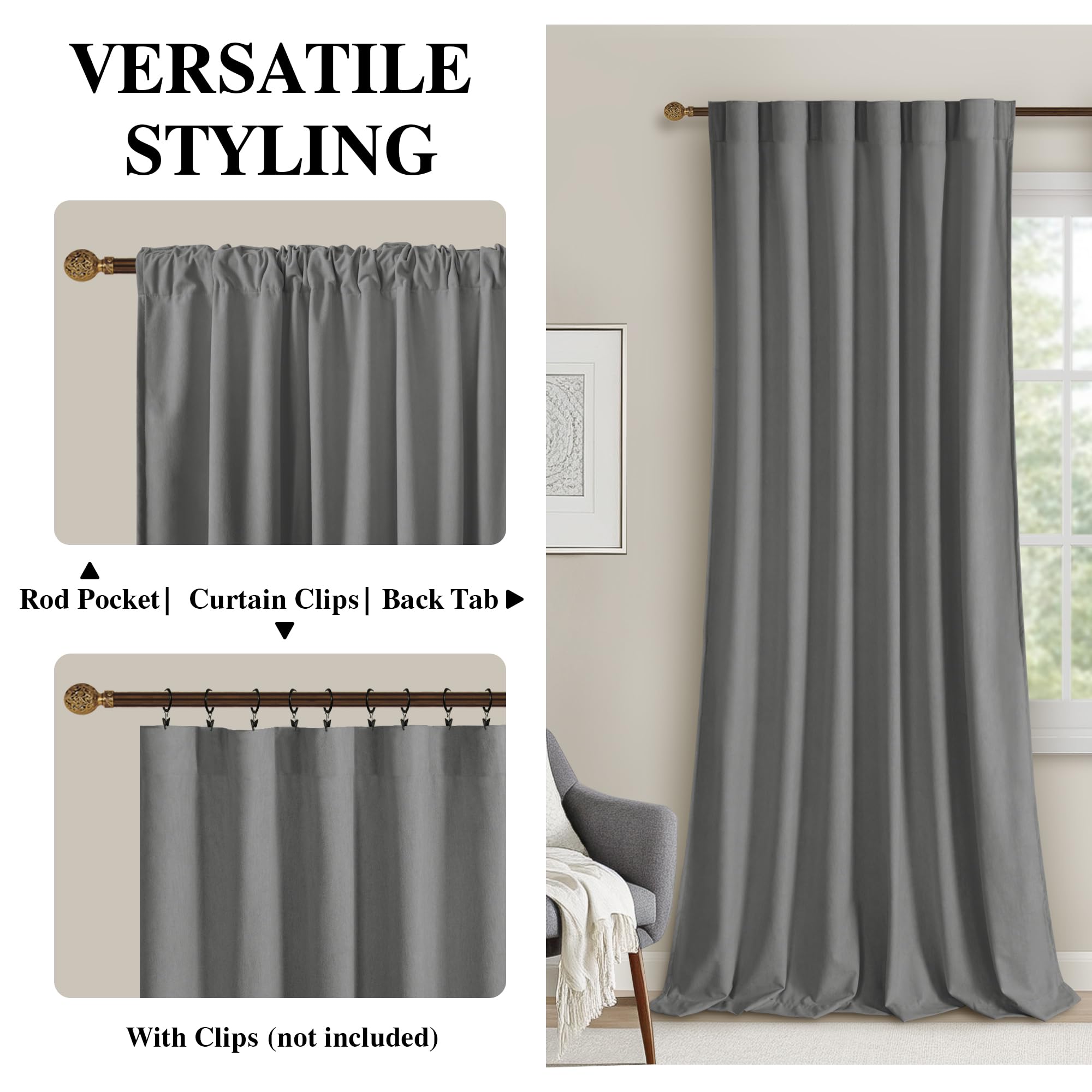 DWCN Velvet Curtains, 2 Panels - Rod Pocket and Back Tab-2