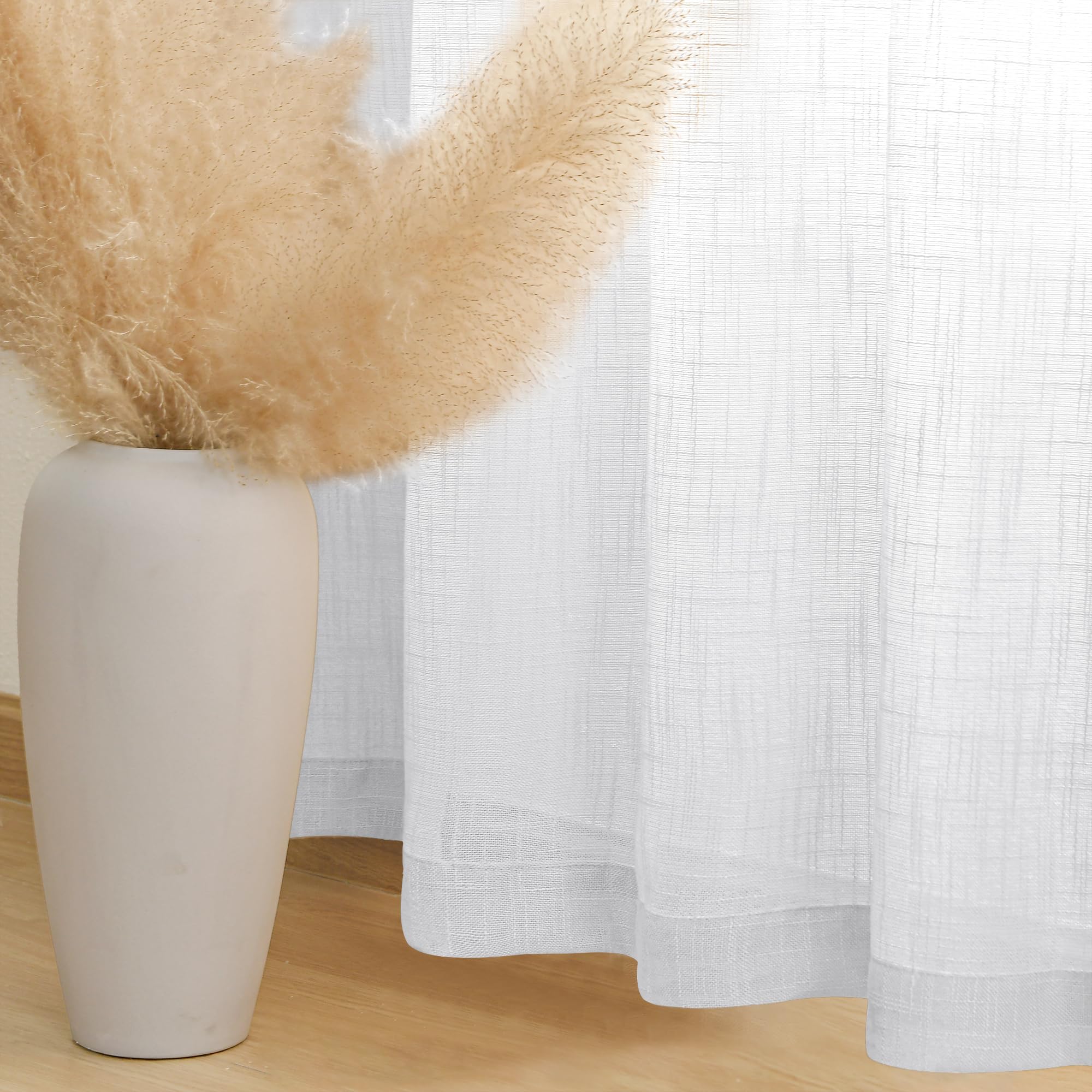 DWCN White Faux Linen Sheer Curtains, Set of 2 Panels-3