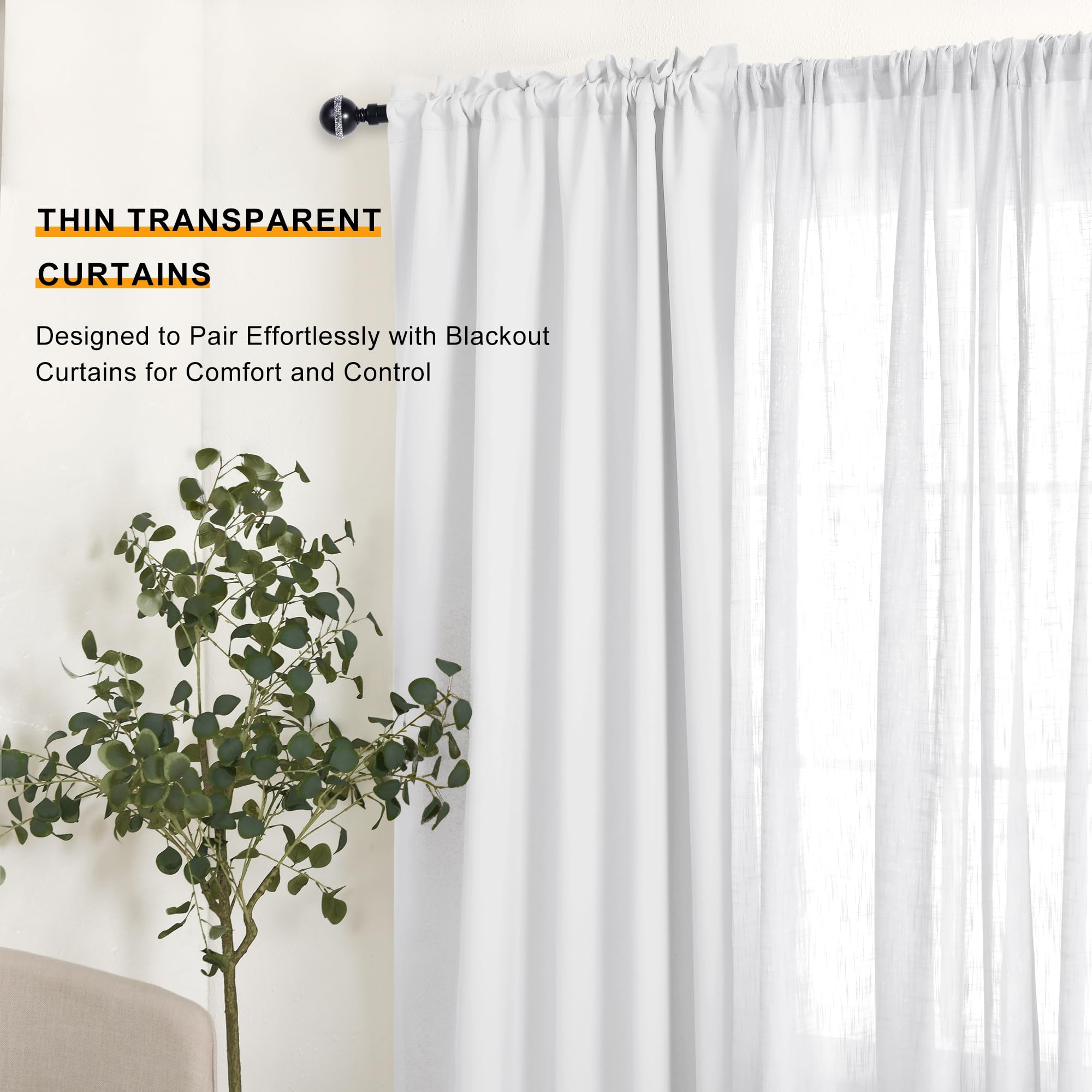 DWCN White Faux Linen Sheer Curtains, Set of 2 Panels-4