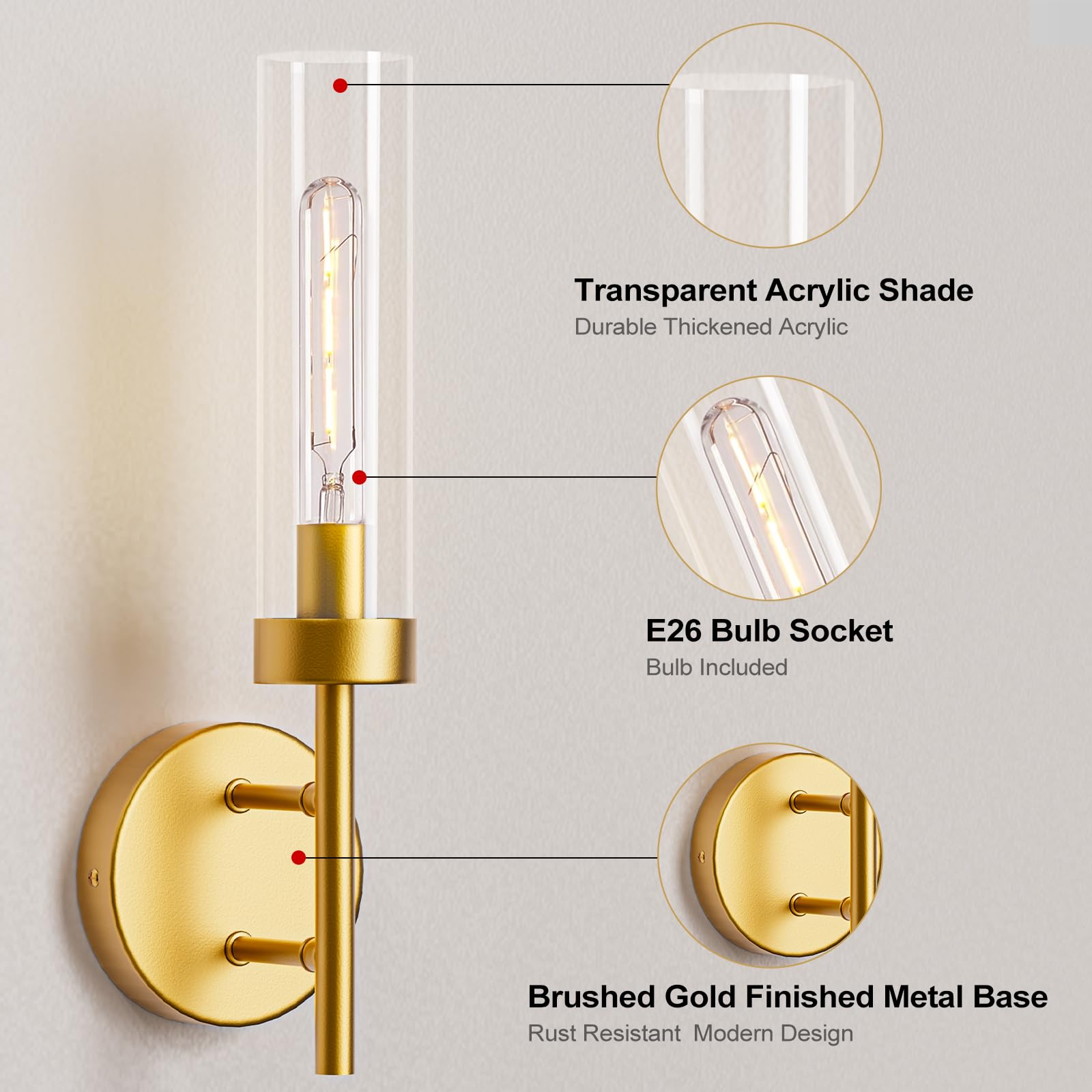 Gold Hardwired Wall Sconces Set of 2, Modern Bathroom Vanity Sconces Wall Lighting-2