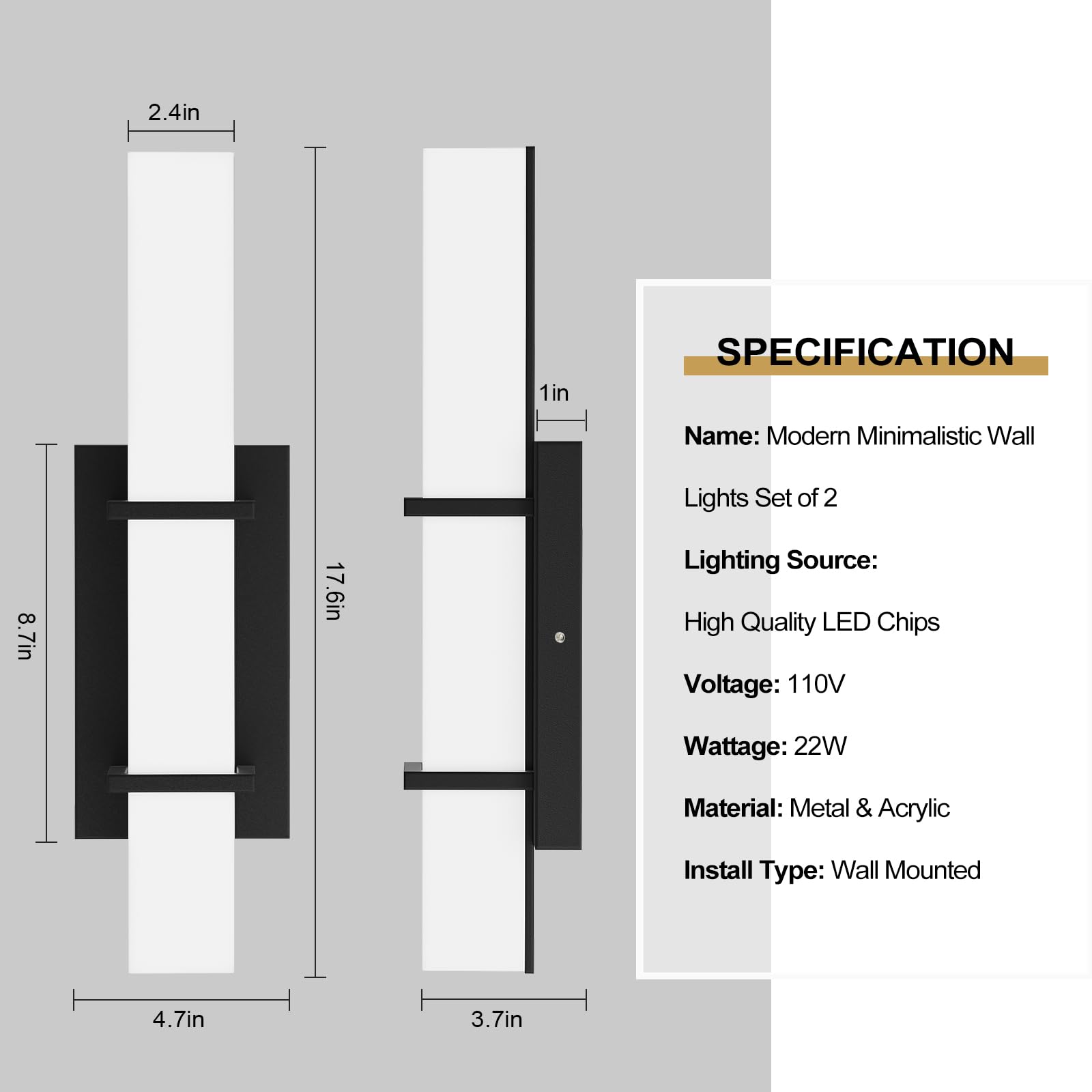 Set of 2 Modern 17.6 Inch Wall Sconces, 3 Color Temperatures for Indoor & Outdoors-4