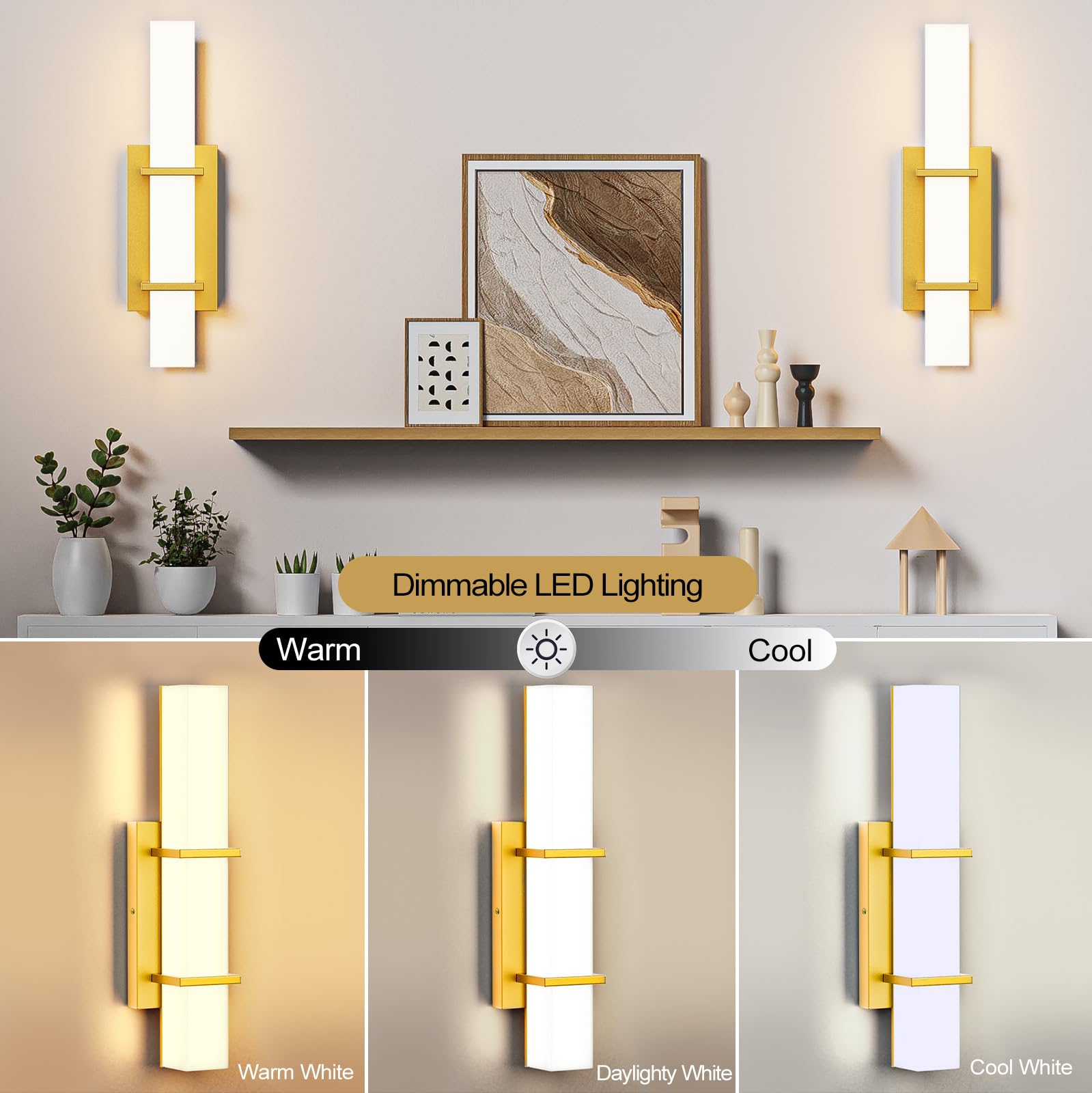 Set of 2 Modern 17.6 Inch Wall Sconces, 3 Color Temperatures for Indoor & Outdoors - Gold-3